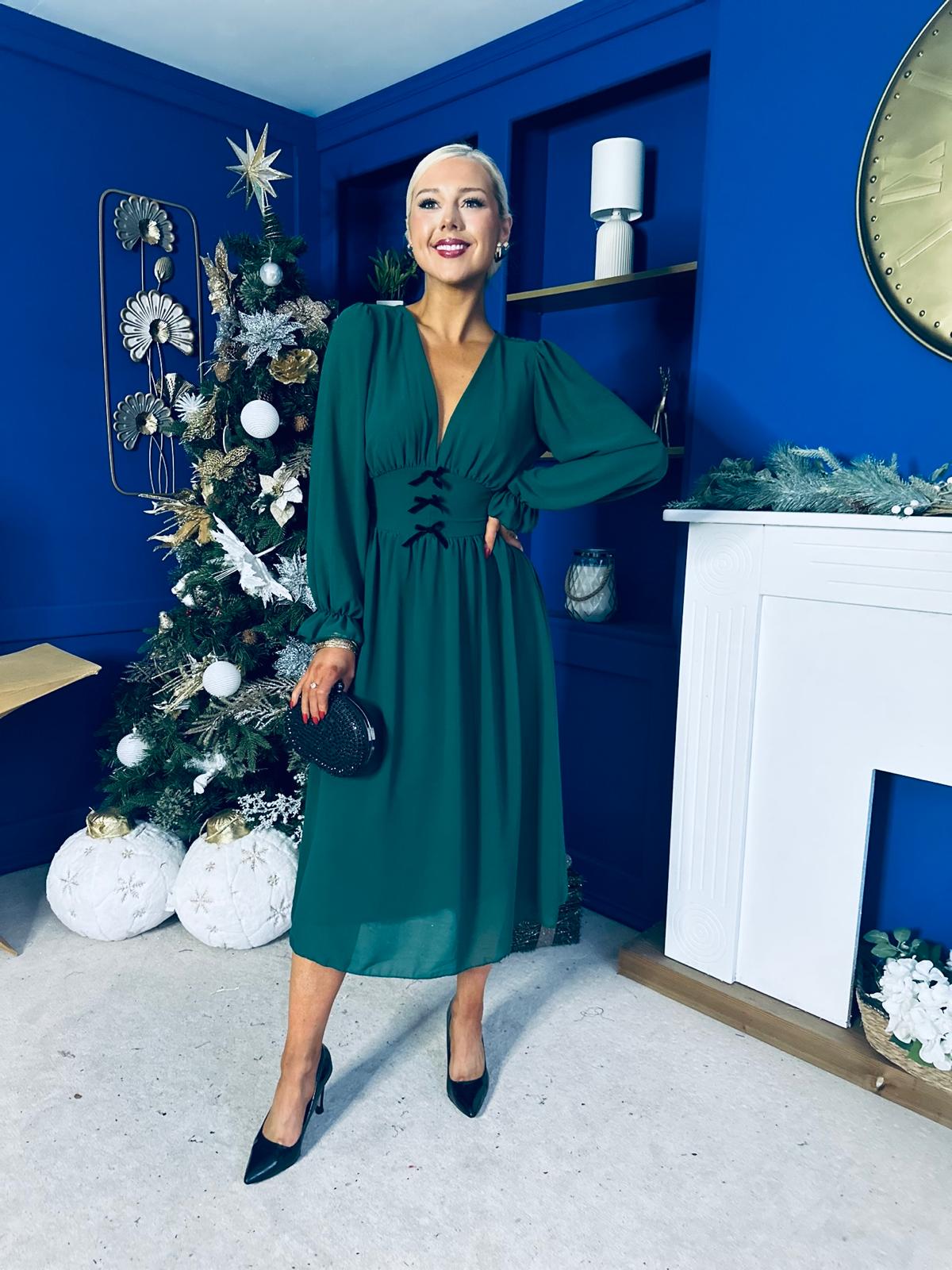 Orlaith Bow Detail Banded Midi Dress Forest