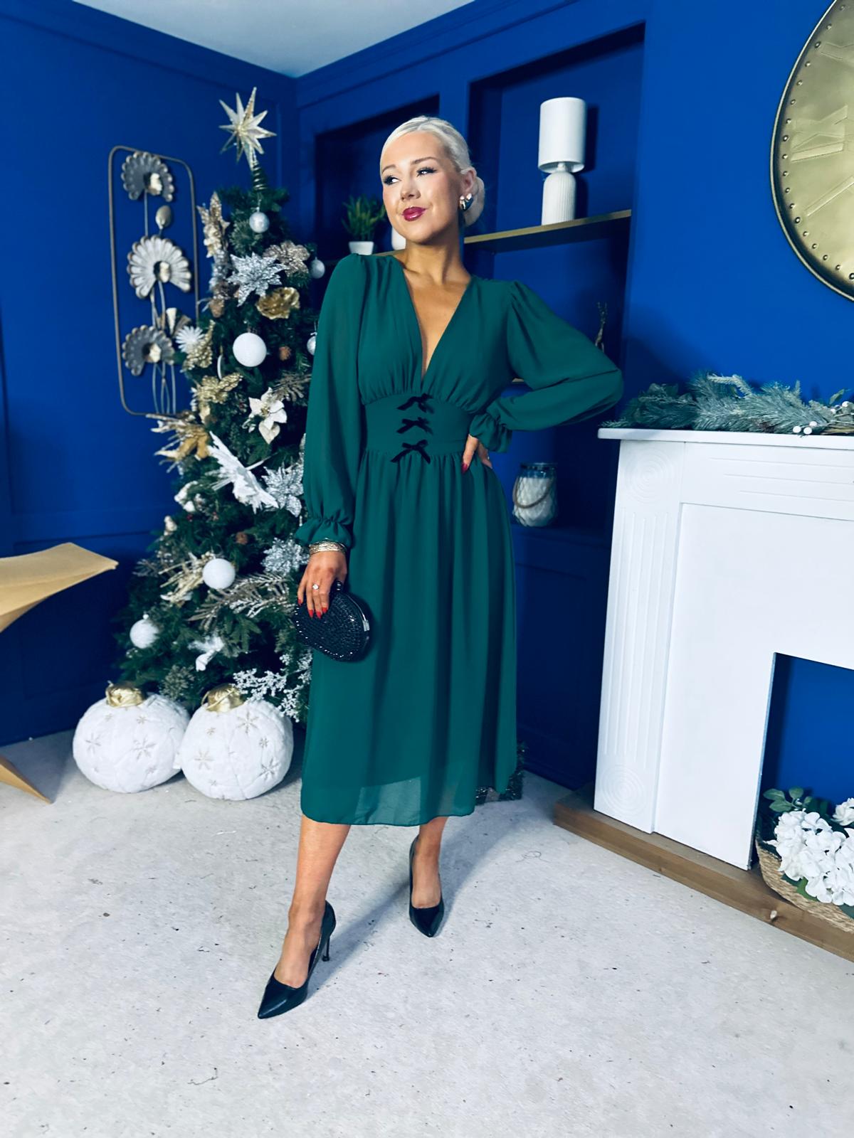 Orlaith Bow Detail Banded Midi Dress Forest