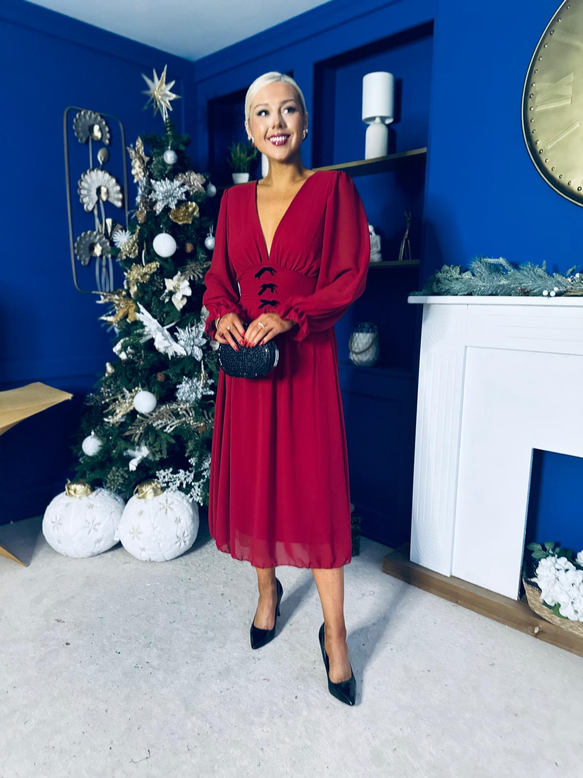 Orlaith Bow Detail Banded Midi Dress Wine