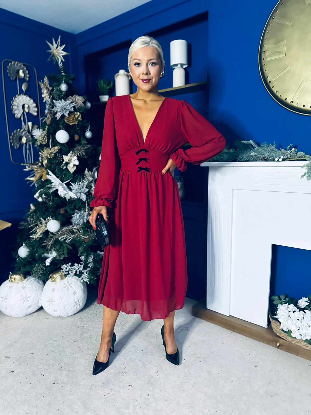 Orlaith Bow Detail Banded Midi Dress Wine