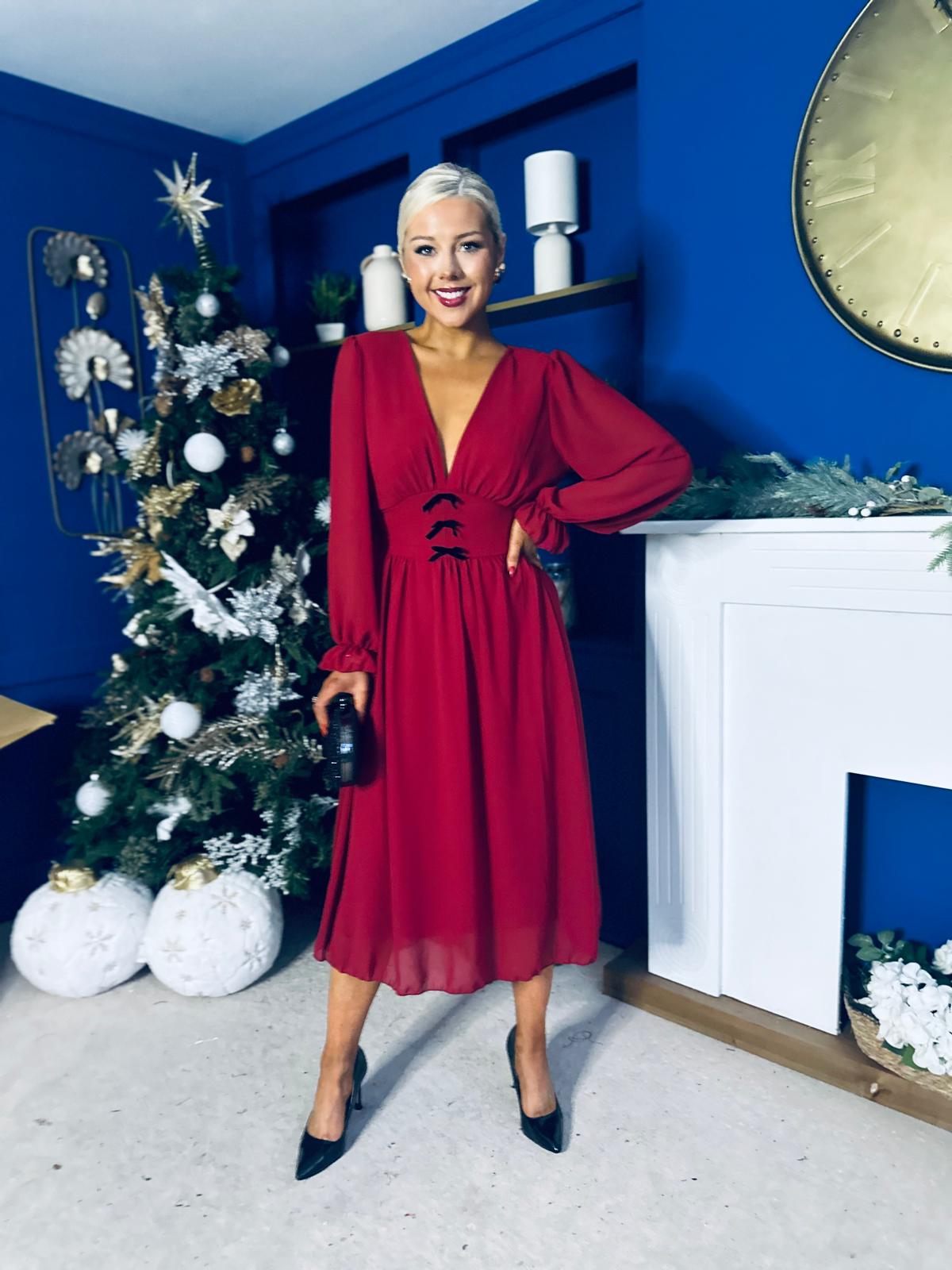 Orlaith Bow Detail Banded Midi Dress Wine