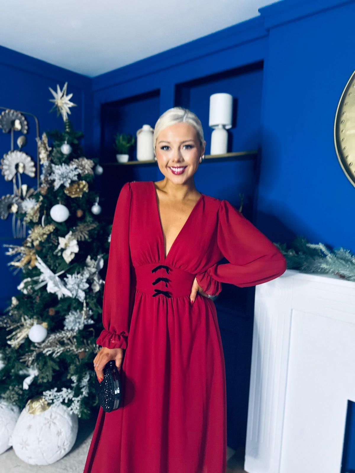 Orlaith Bow Detail Banded Midi Dress Wine