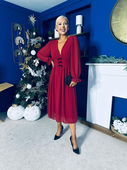 Orlaith Bow Detail Banded Midi Dress Wine