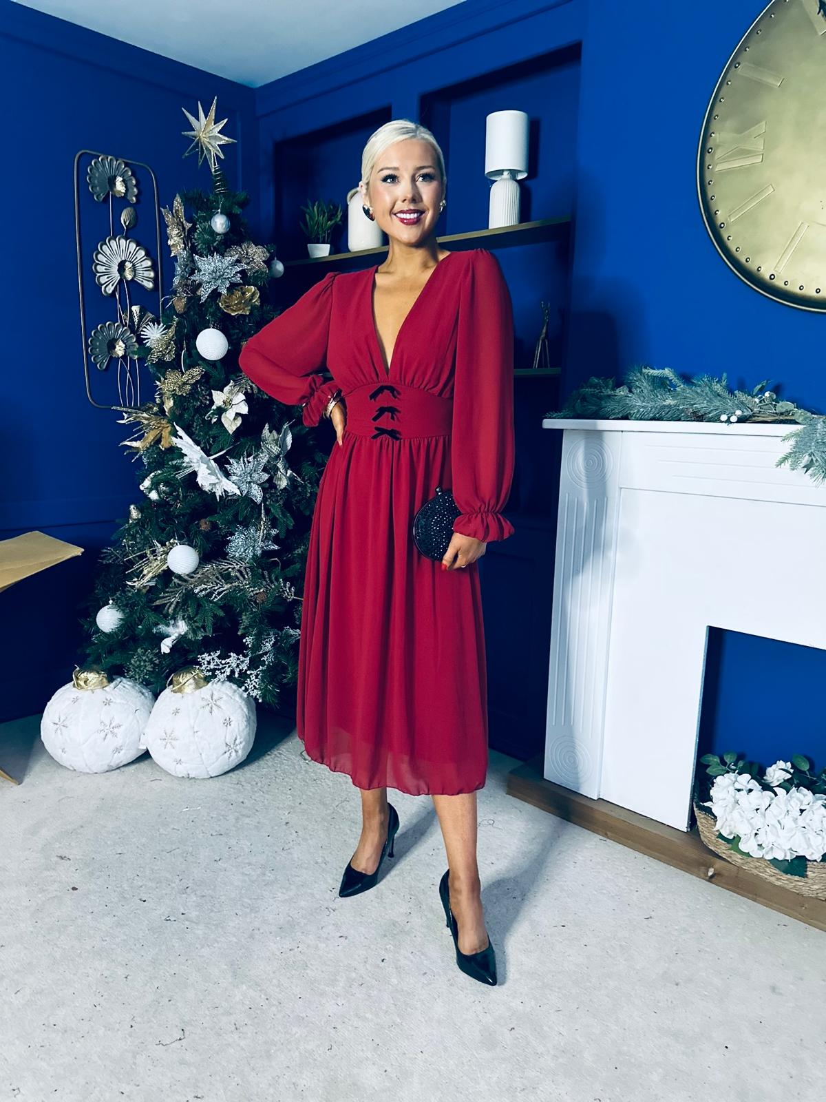 Orlaith Bow Detail Banded Midi Dress Wine