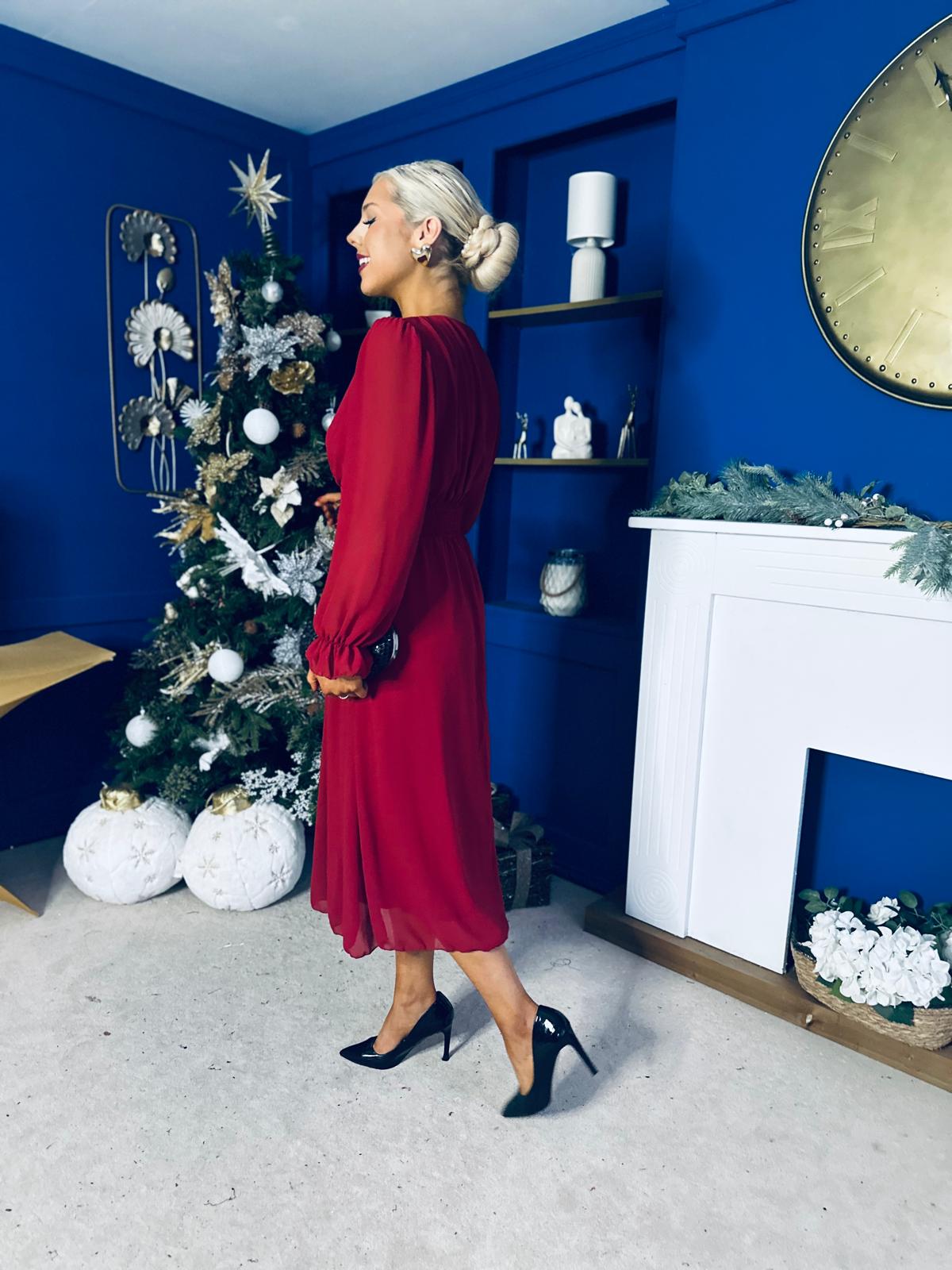 Orlaith Bow Detail Banded Midi Dress Wine