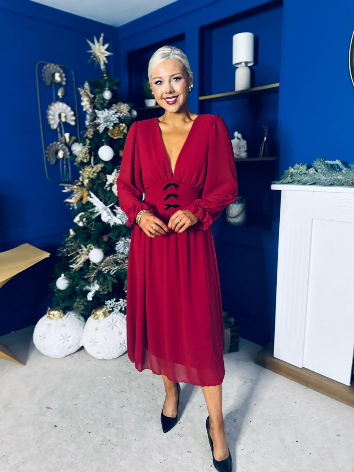 Orlaith Bow Detail Banded Midi Dress Wine