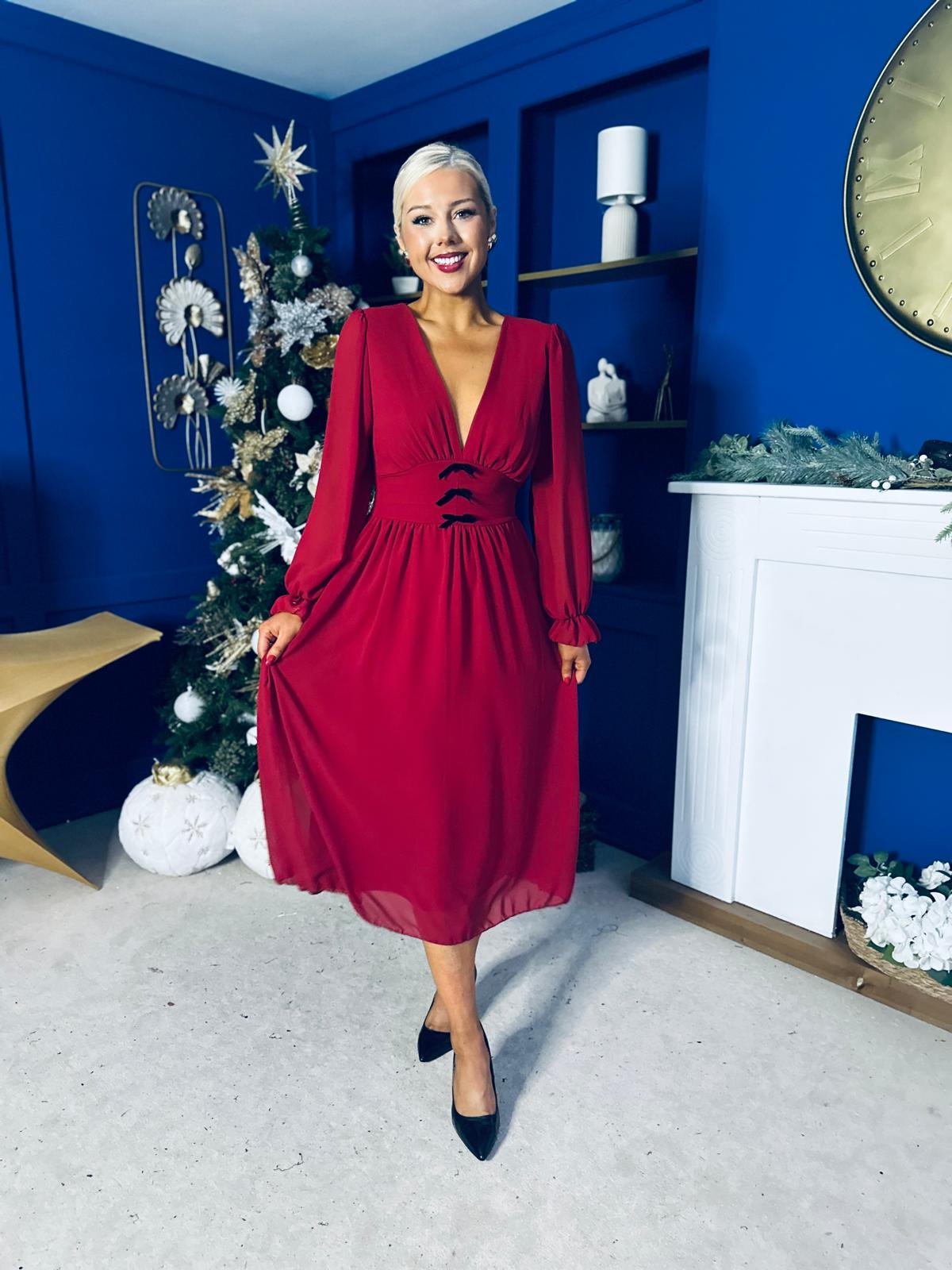 Orlaith Bow Detail Banded Midi Dress Wine