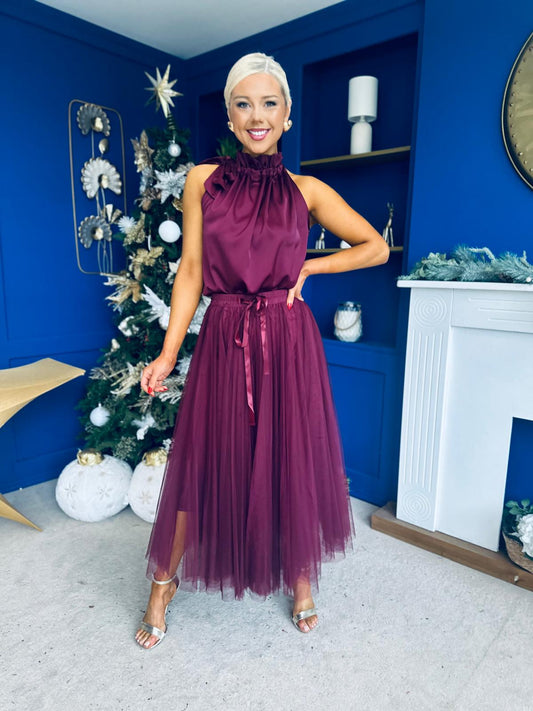 Celine Detailed Tulle Skirt Burgundy