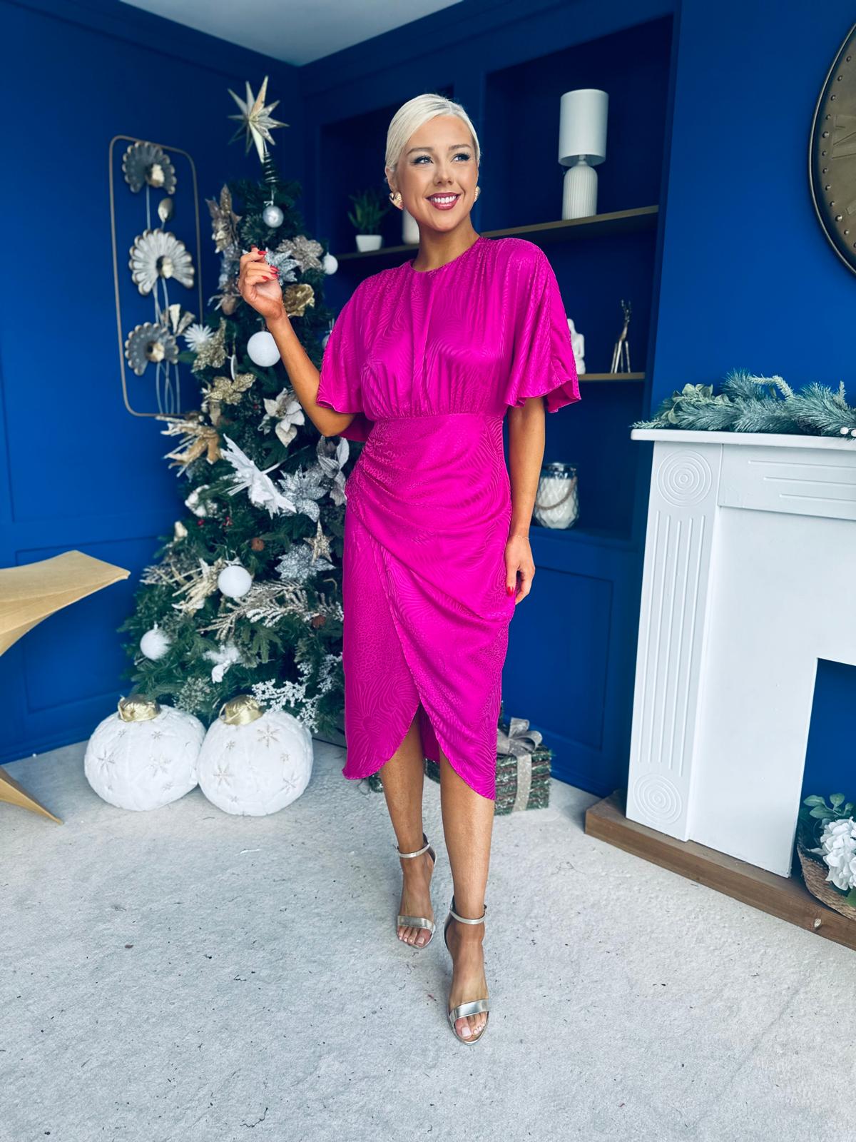 Shelly Detailed Batwing Midi Dress Fuchsia