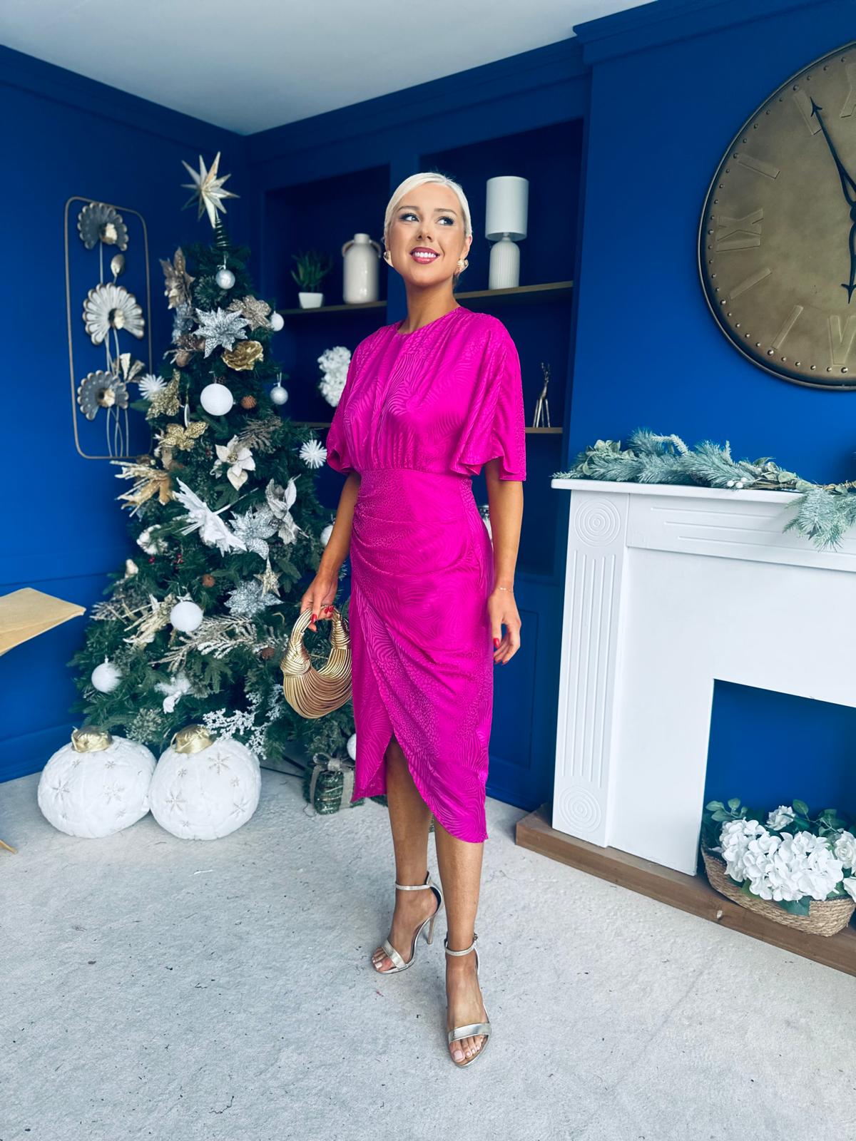 Shelly Detailed Batwing Midi Dress Fuchsia