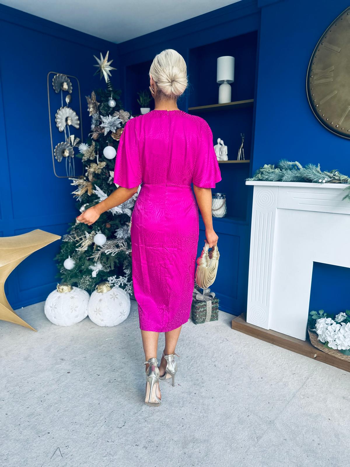 Shelly Detailed Batwing Midi Dress Fuchsia