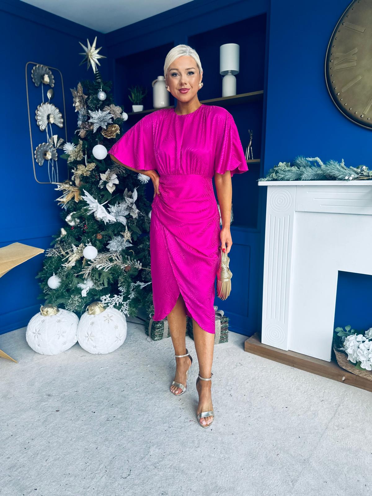Shelly Detailed Batwing Midi Dress Fuchsia