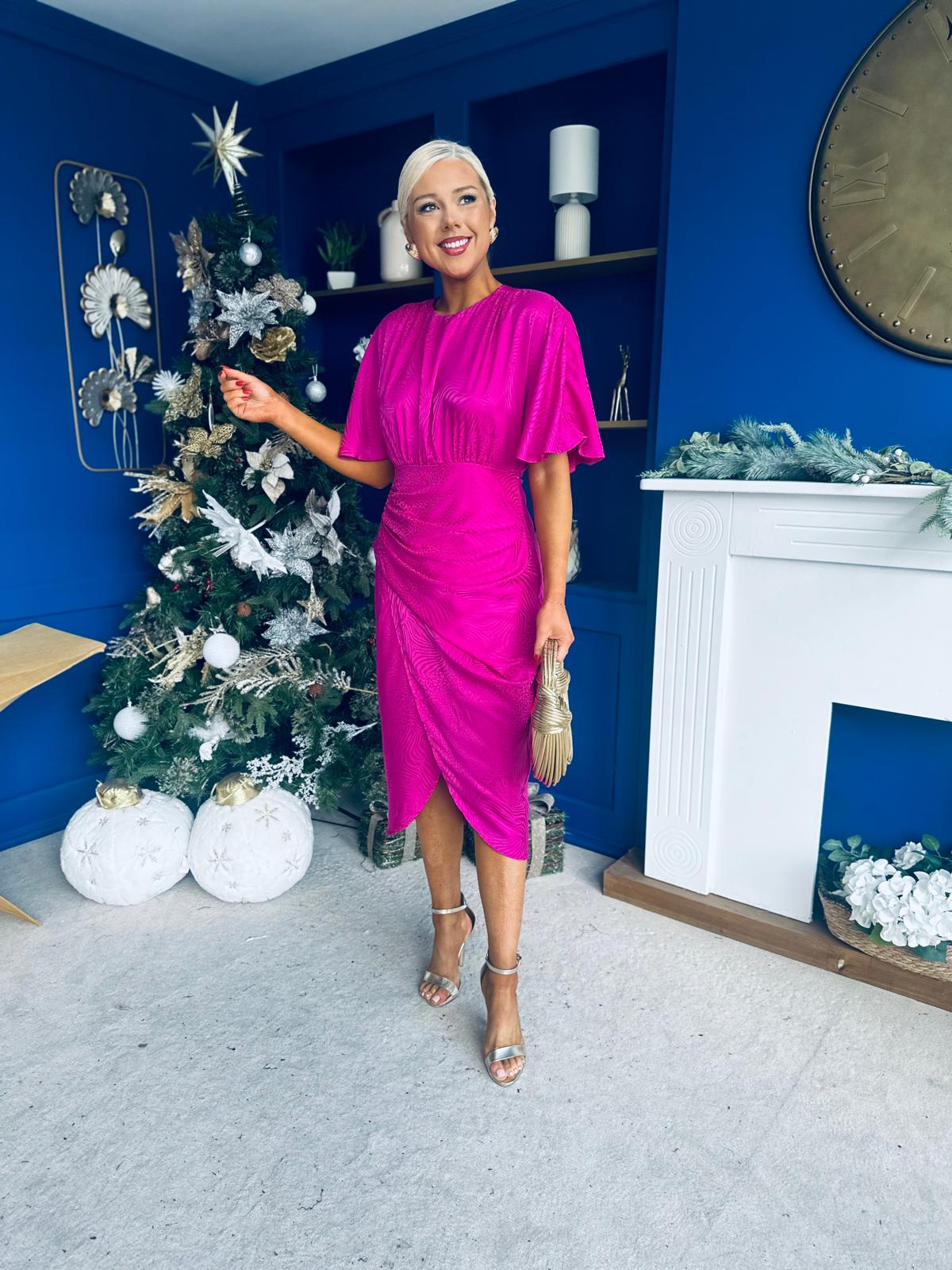 Shelly Detailed Batwing Midi Dress Fuchsia