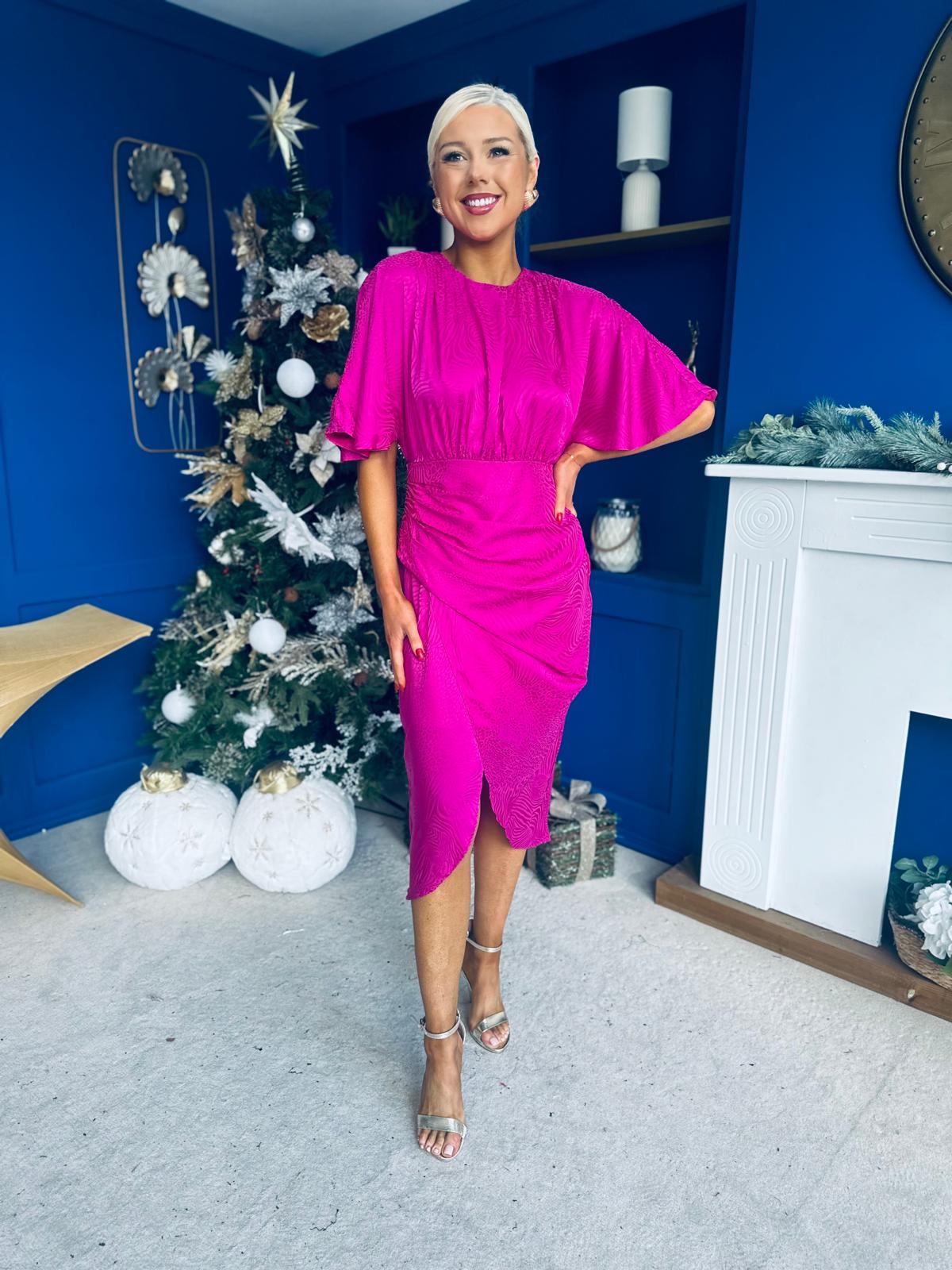 Shelly Detailed Batwing Midi Dress Fuchsia