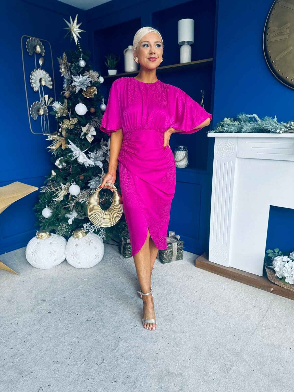 Shelly Detailed Batwing Midi Dress Fuchsia