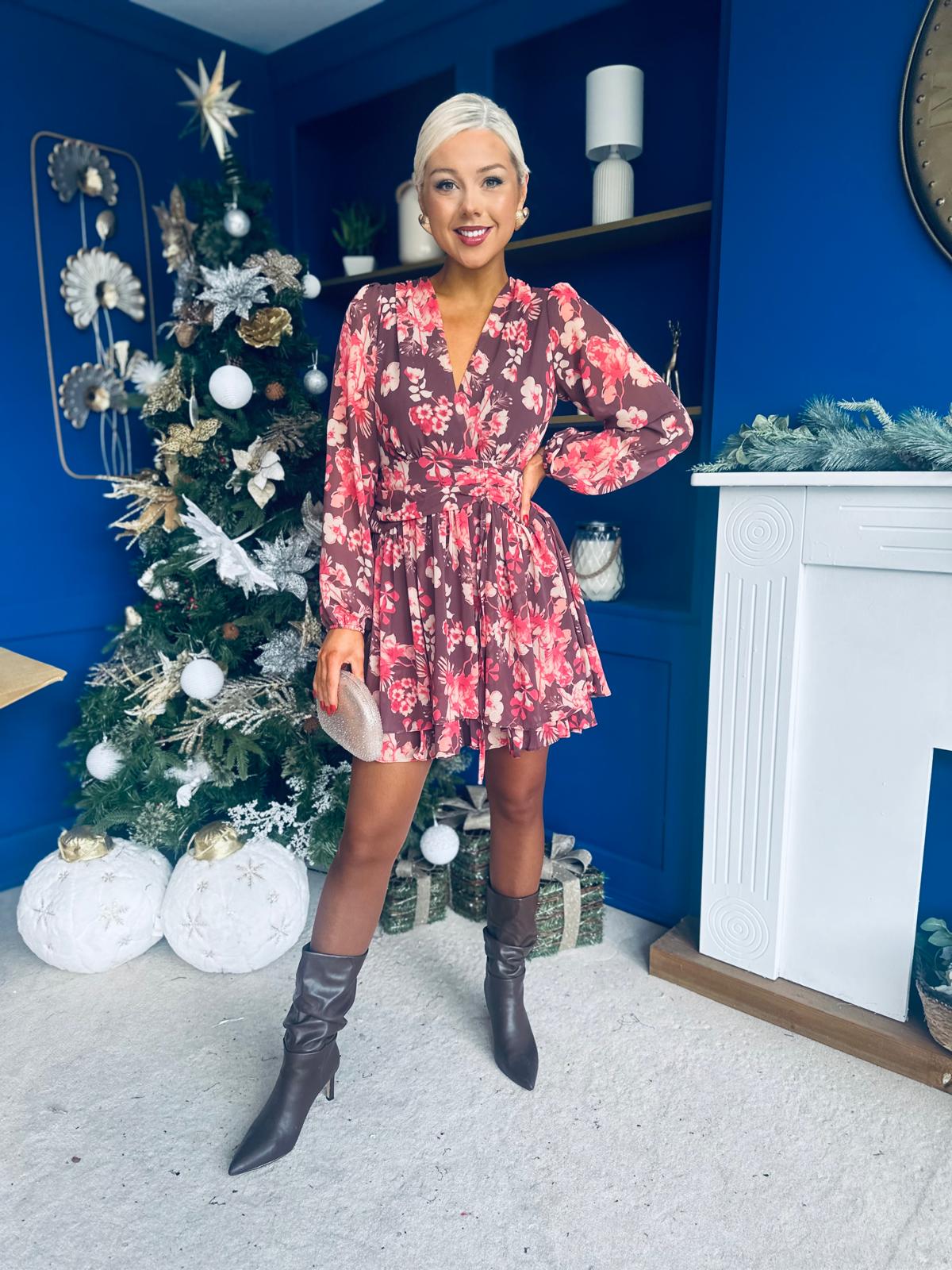 Tess Banded Mini Dress Floral Chocolate