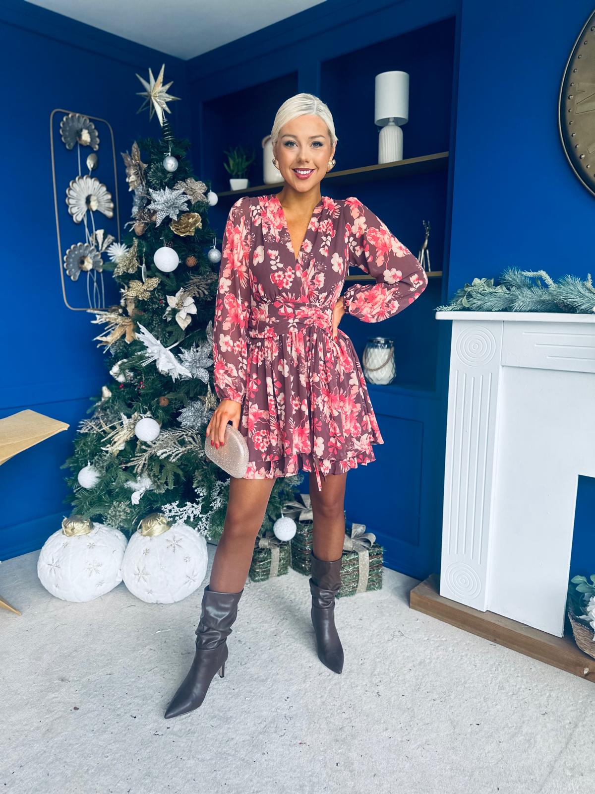 Tess Banded Mini Dress Floral Chocolate