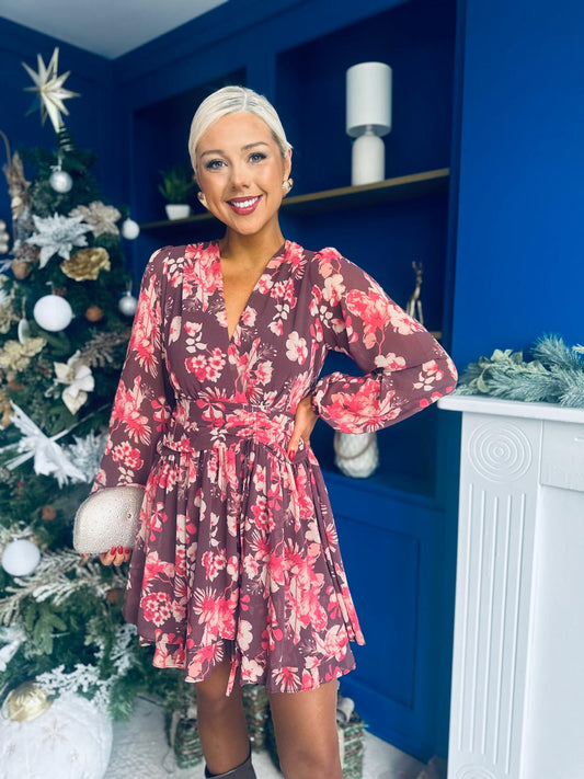 Tess Banded Mini Dress Floral Chocolate