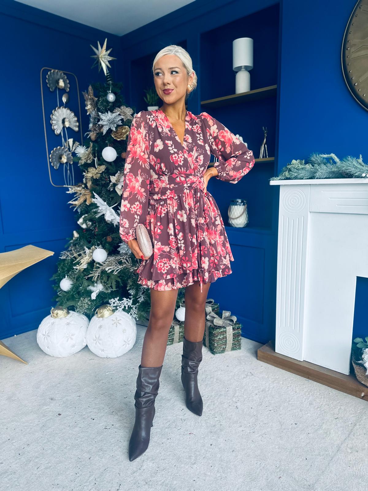 Tess Banded Mini Dress Floral Chocolate