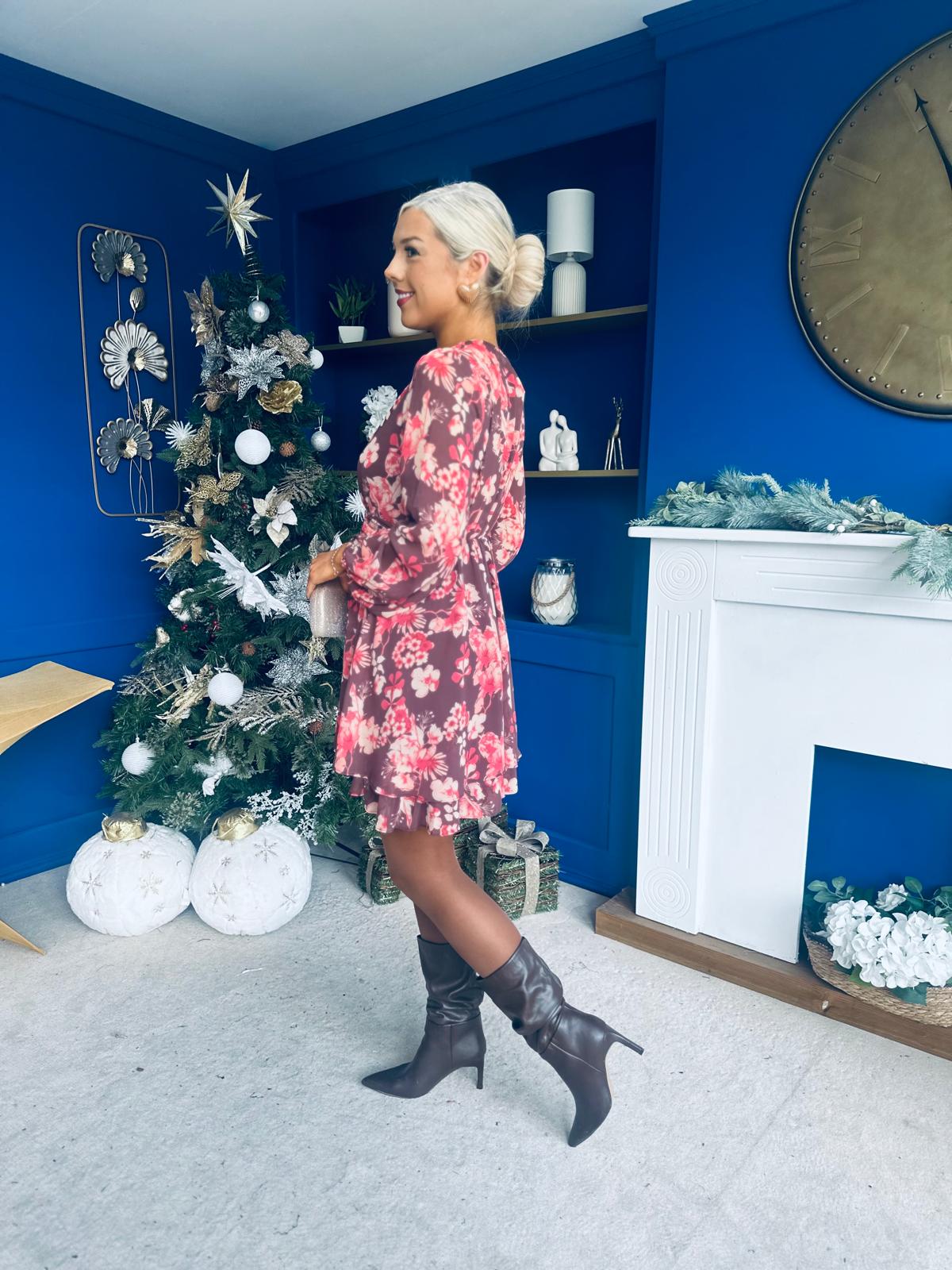 Tess Banded Mini Dress Floral Chocolate