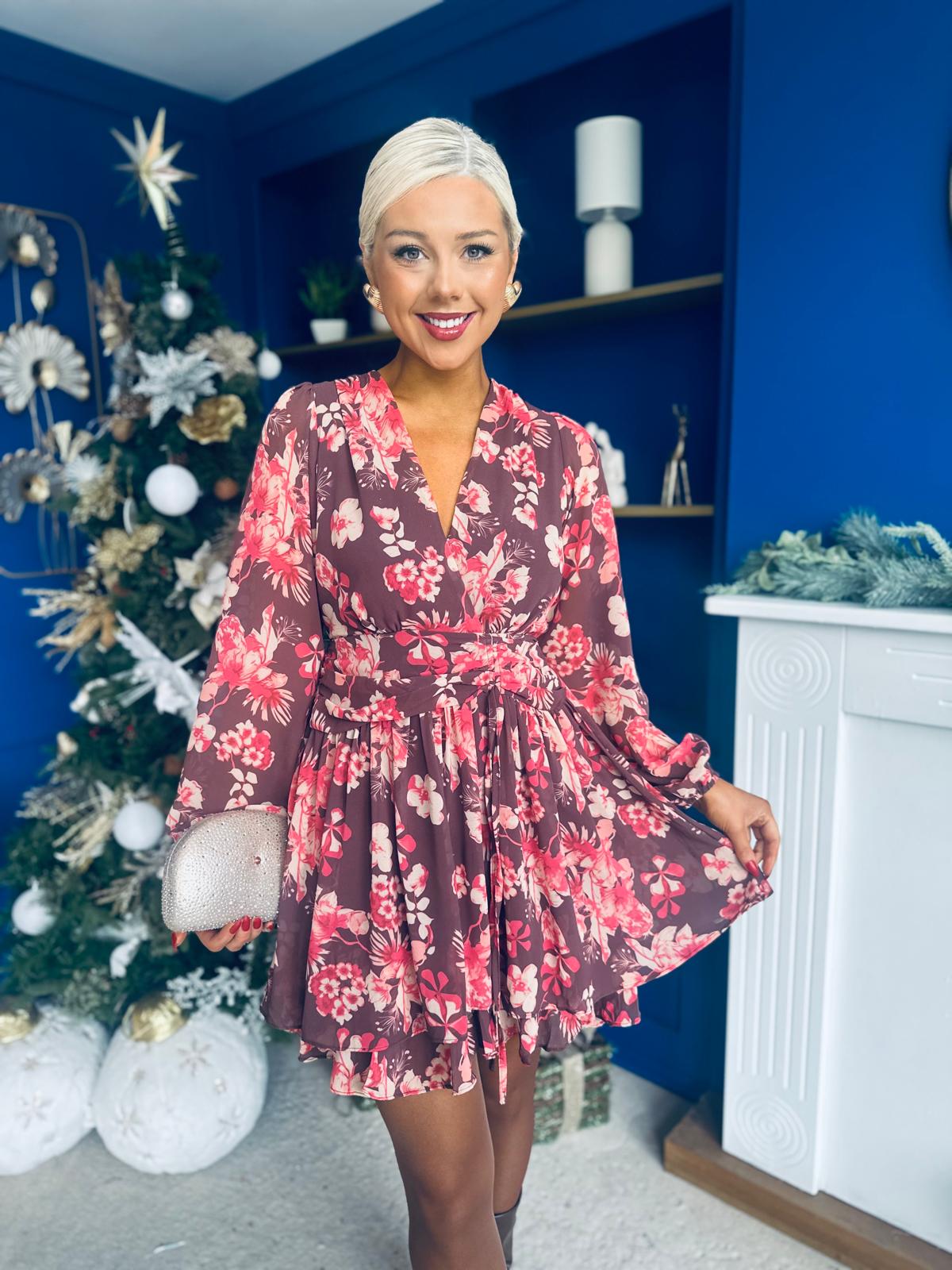 Tess Banded Mini Dress Floral Chocolate