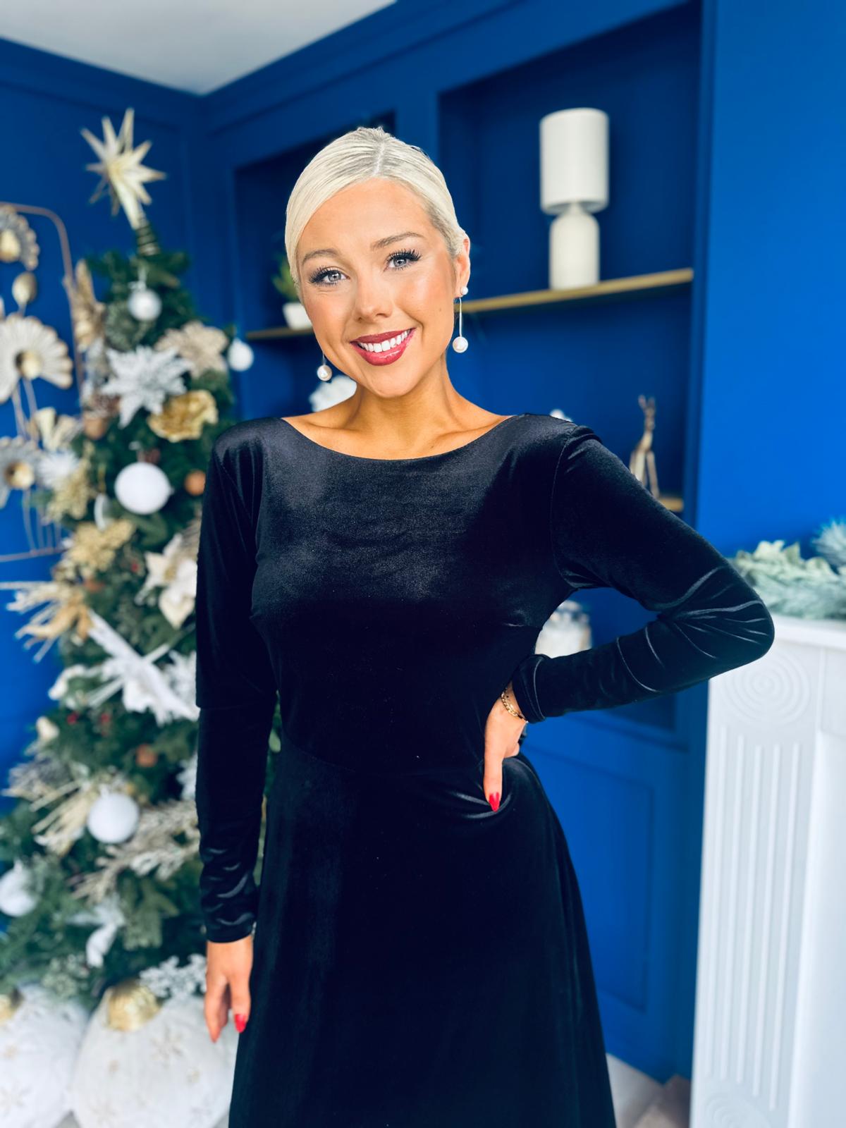 Trudy Pearl & Bow Detail Midi Dress Black