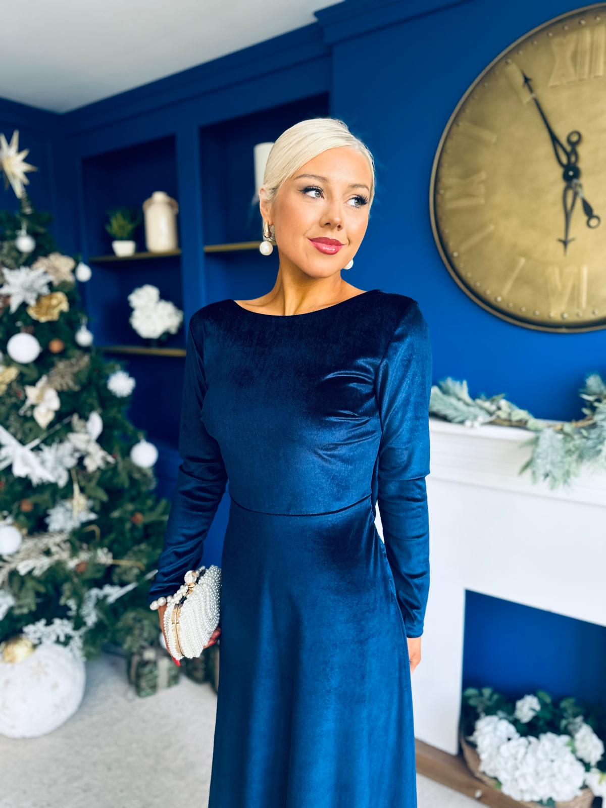 Trudy Pearl & Bow Detail Midi Dress Navy