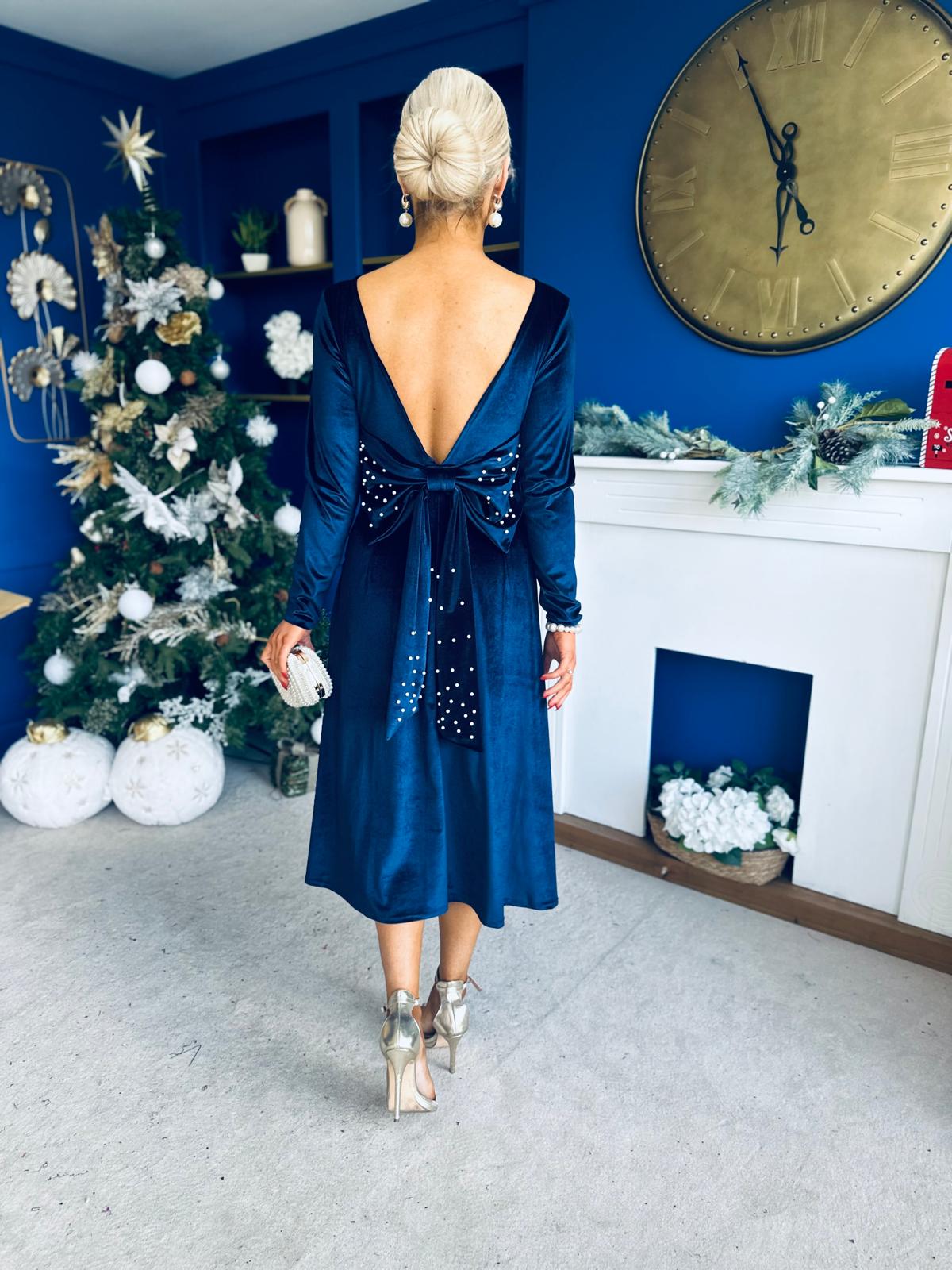 Trudy Pearl & Bow Detail Midi Dress Navy