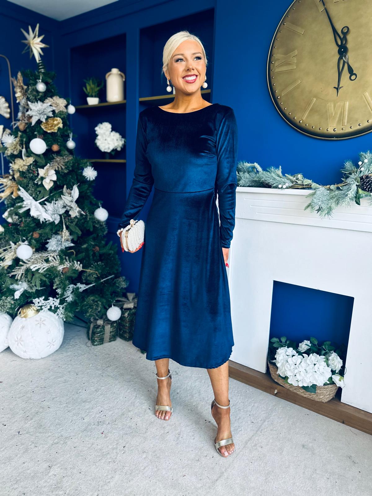 Trudy Pearl & Bow Detail Midi Dress Navy