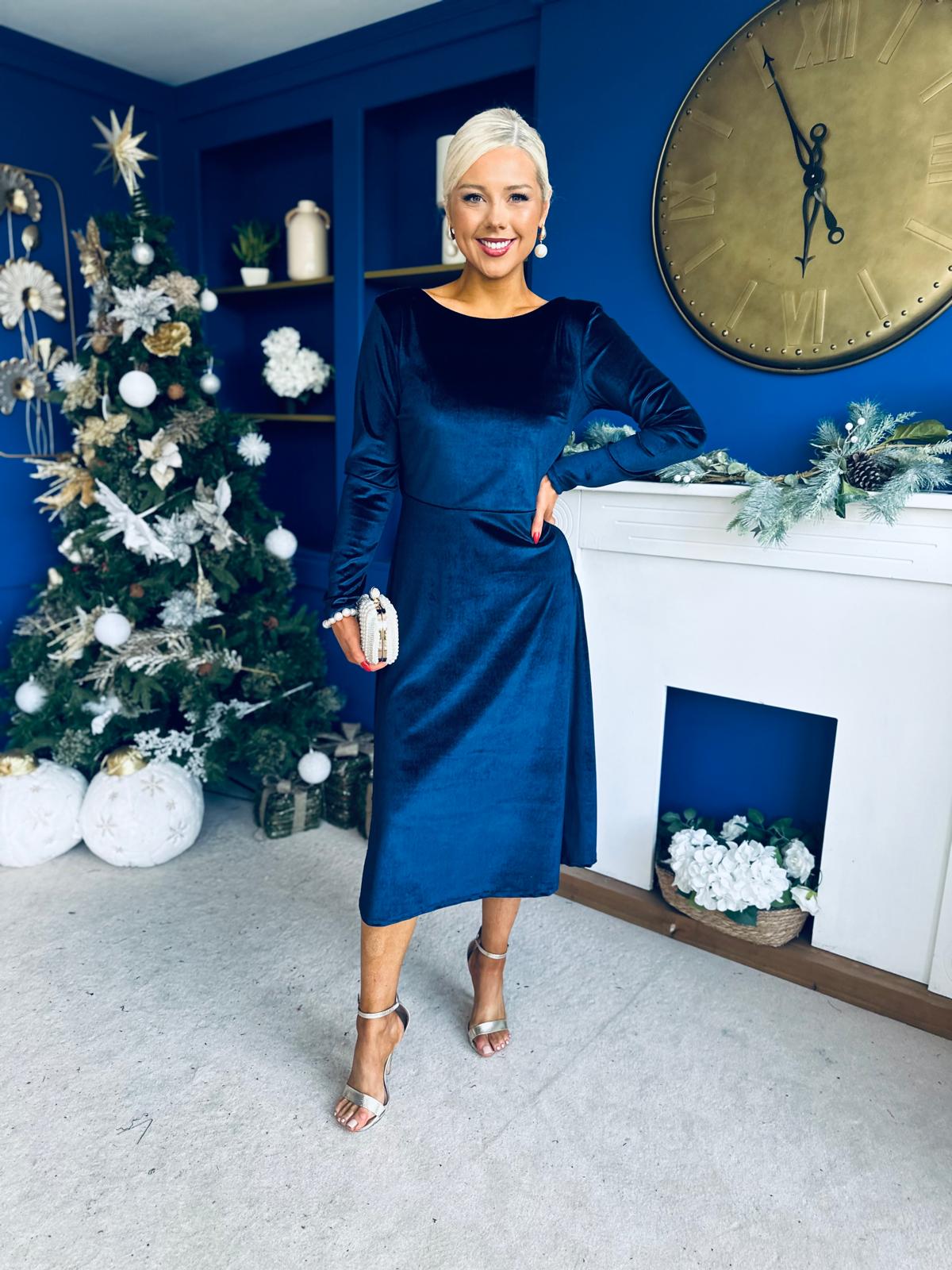 Trudy Pearl & Bow Detail Midi Dress Navy