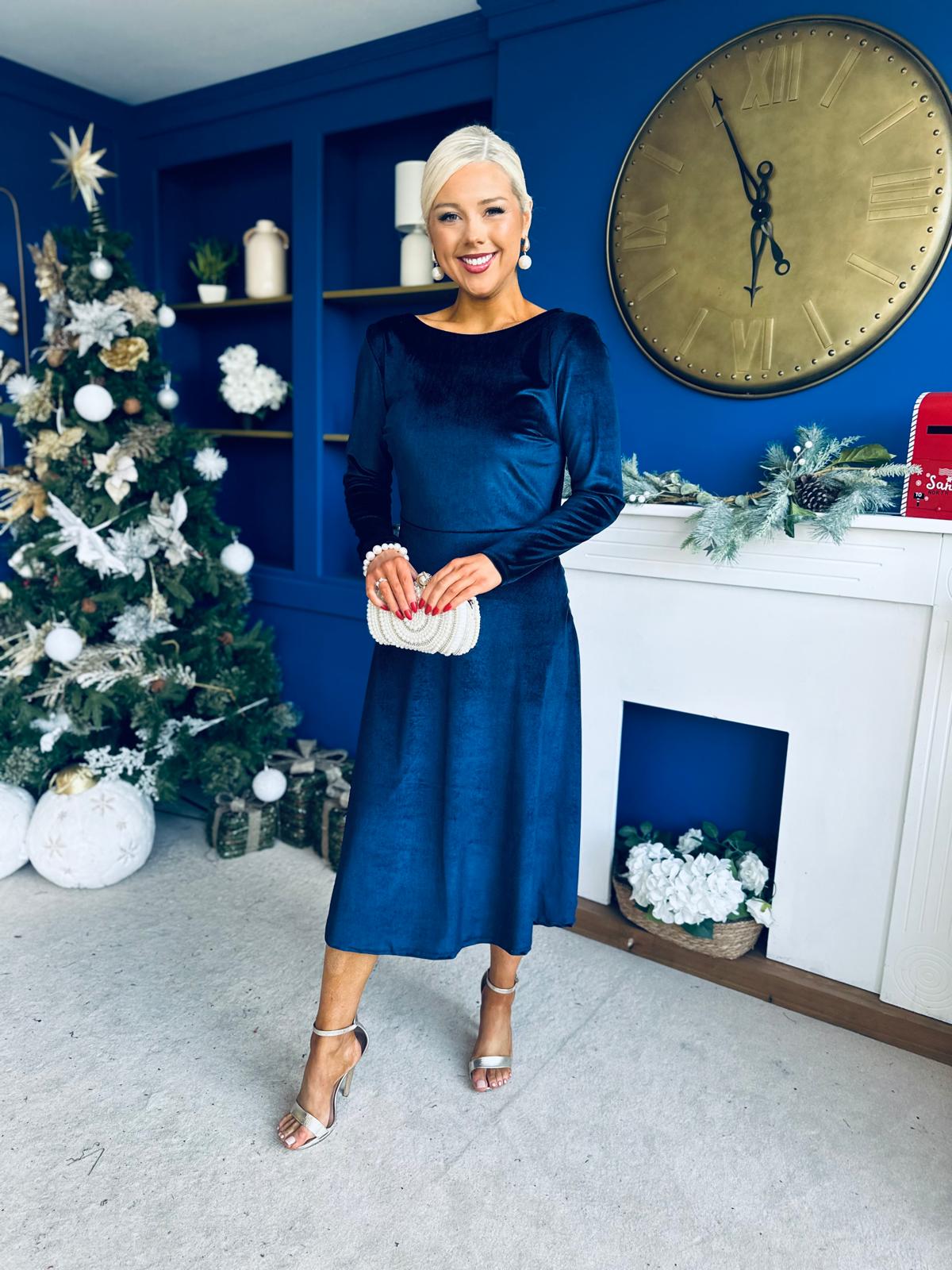 Trudy Pearl & Bow Detail Midi Dress Navy