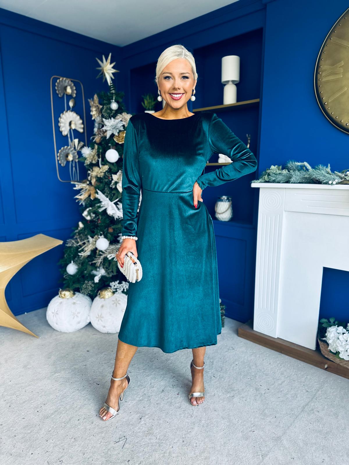 Trudy Pearl & Bow Detail Midi Dress Forest