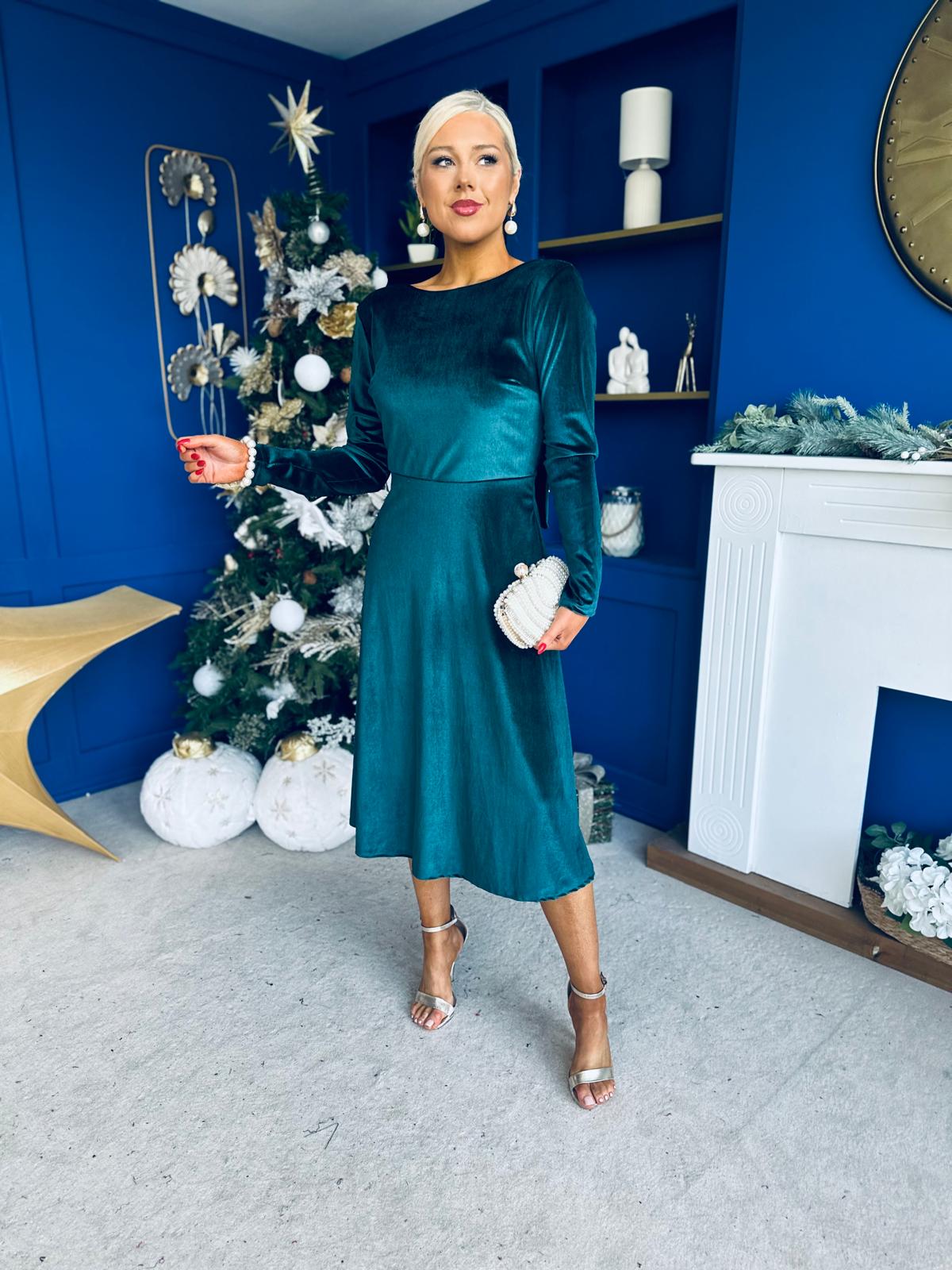 Trudy Pearl & Bow Detail Midi Dress Forest