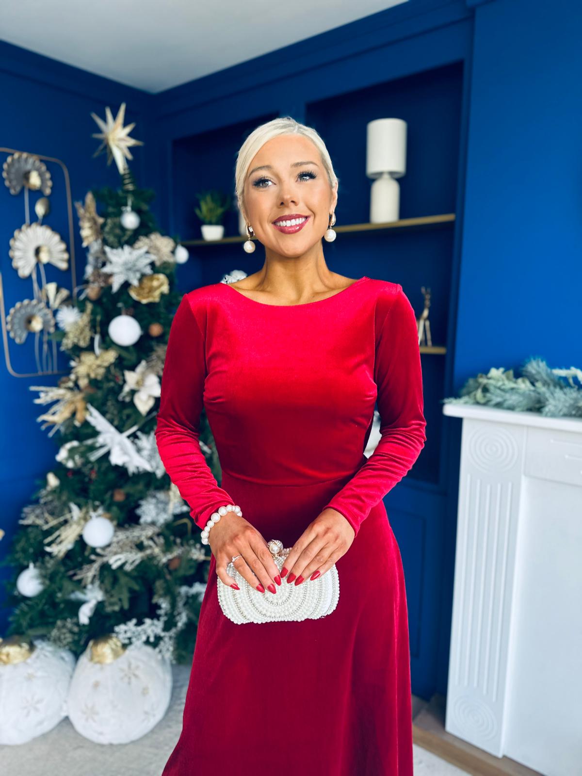 Trudy Pearl & Bow Detail Midi Dress Red