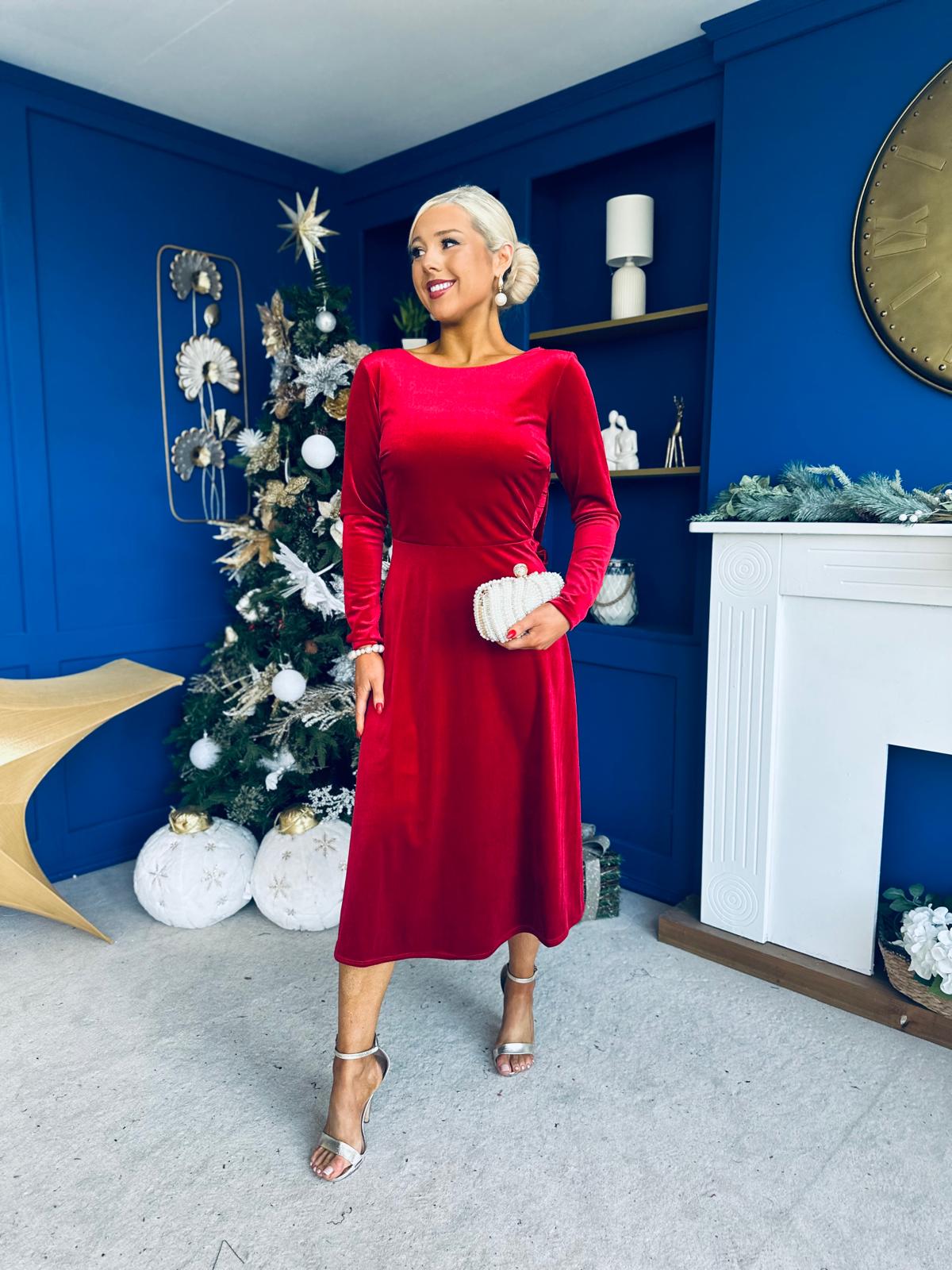 Trudy Pearl & Bow Detail Midi Dress Red