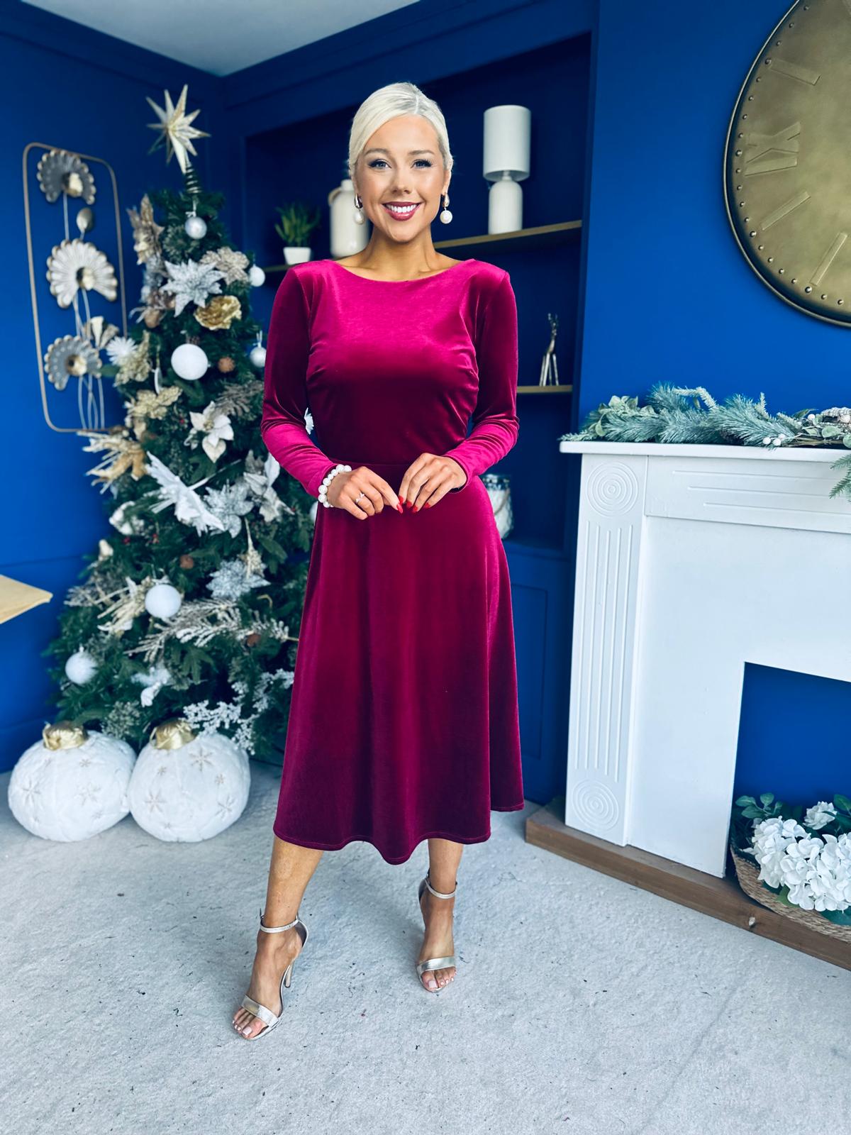 Trudy Pearl & Bow Detail Midi Dress Wine