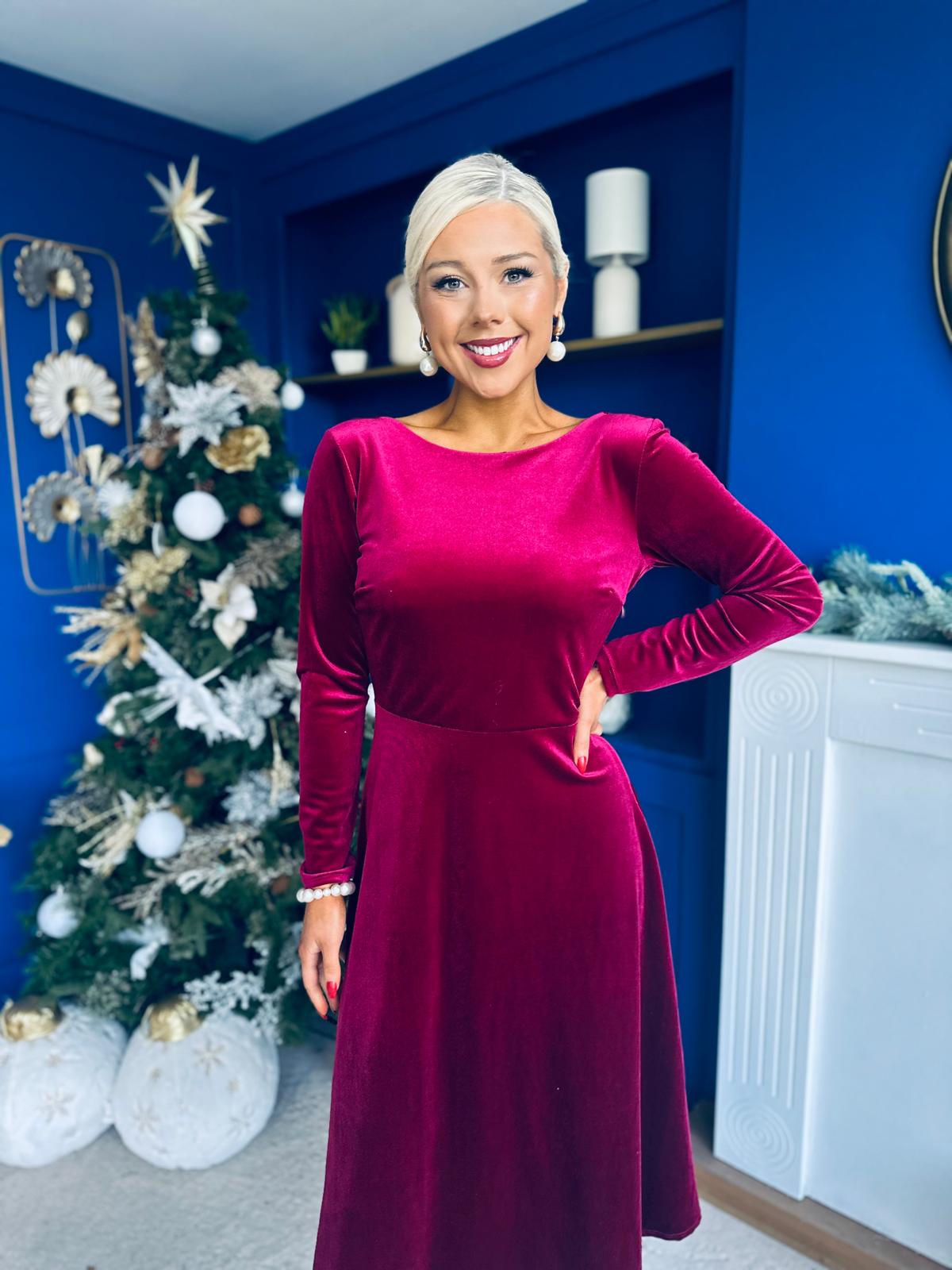 Trudy Pearl & Bow Detail Midi Dress Wine