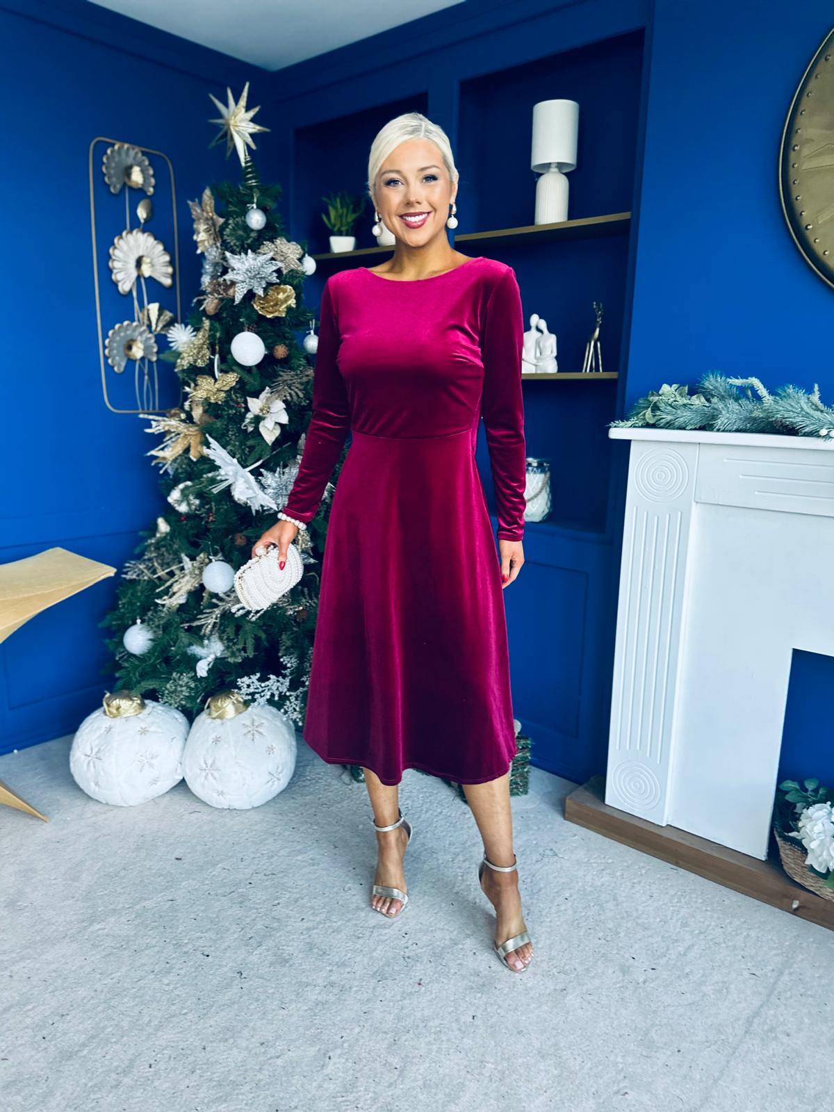 Trudy Pearl & Bow Detail Midi Dress Wine