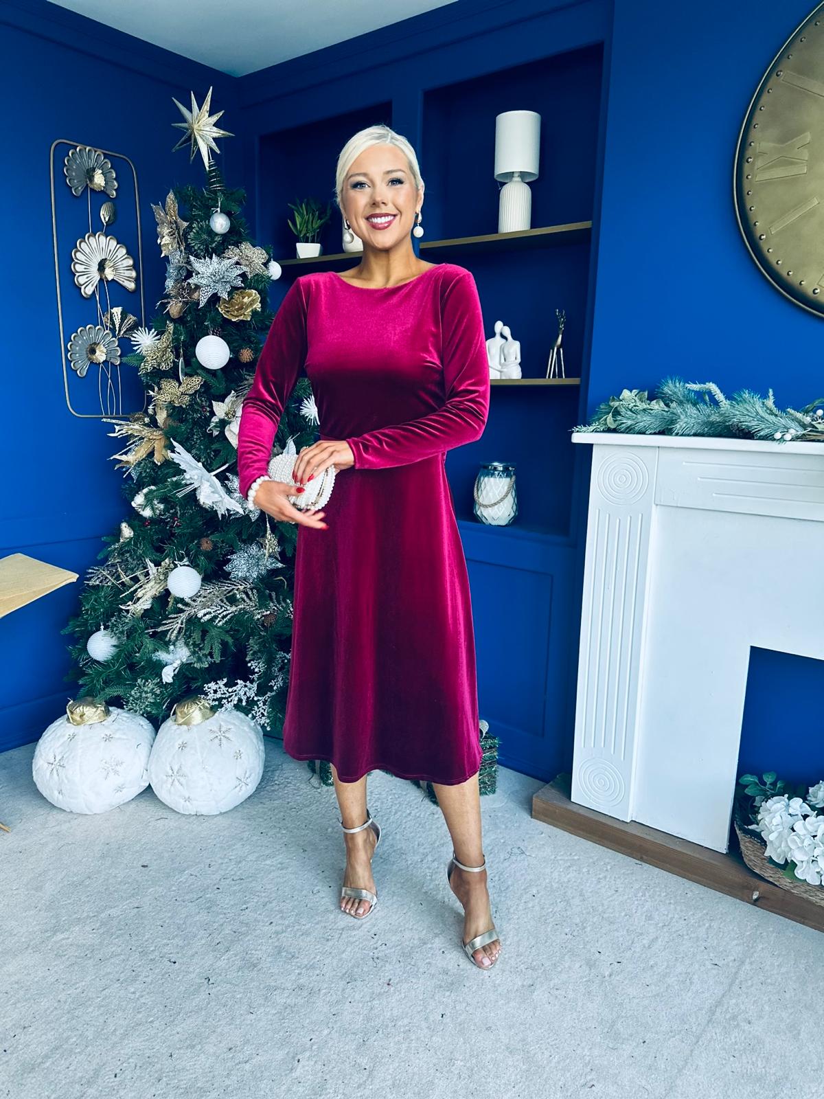 Trudy Pearl & Bow Detail Midi Dress Wine