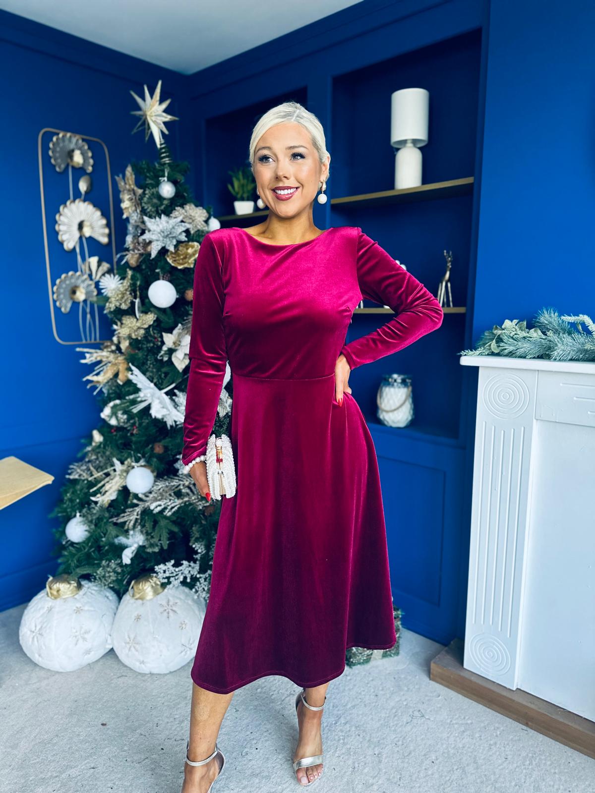 Trudy Pearl & Bow Detail Midi Dress Wine