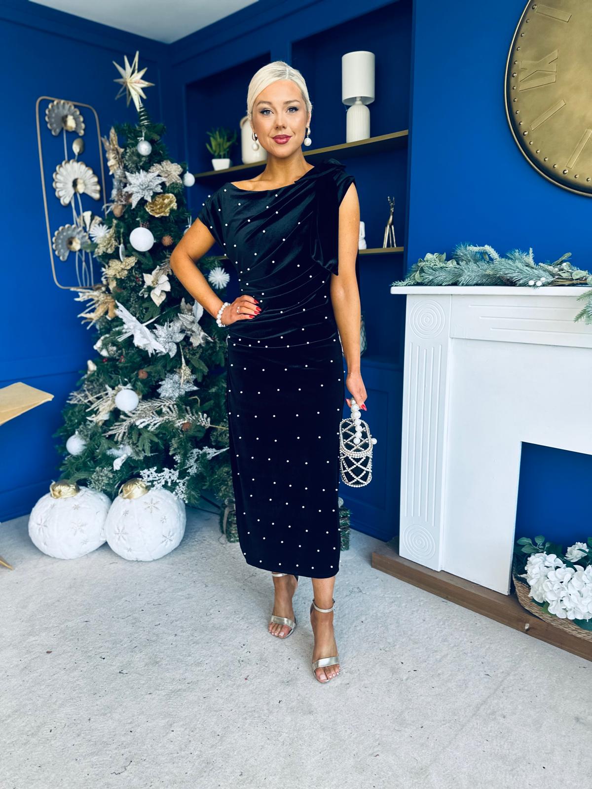 Nicole Bow Detail Pearl Embellished Dress Black