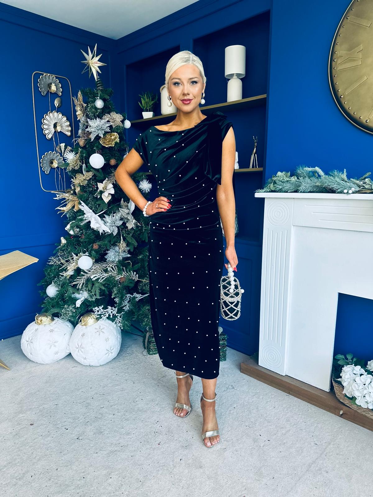 Nicole Bow Detail Pearl Embellished Dress Black