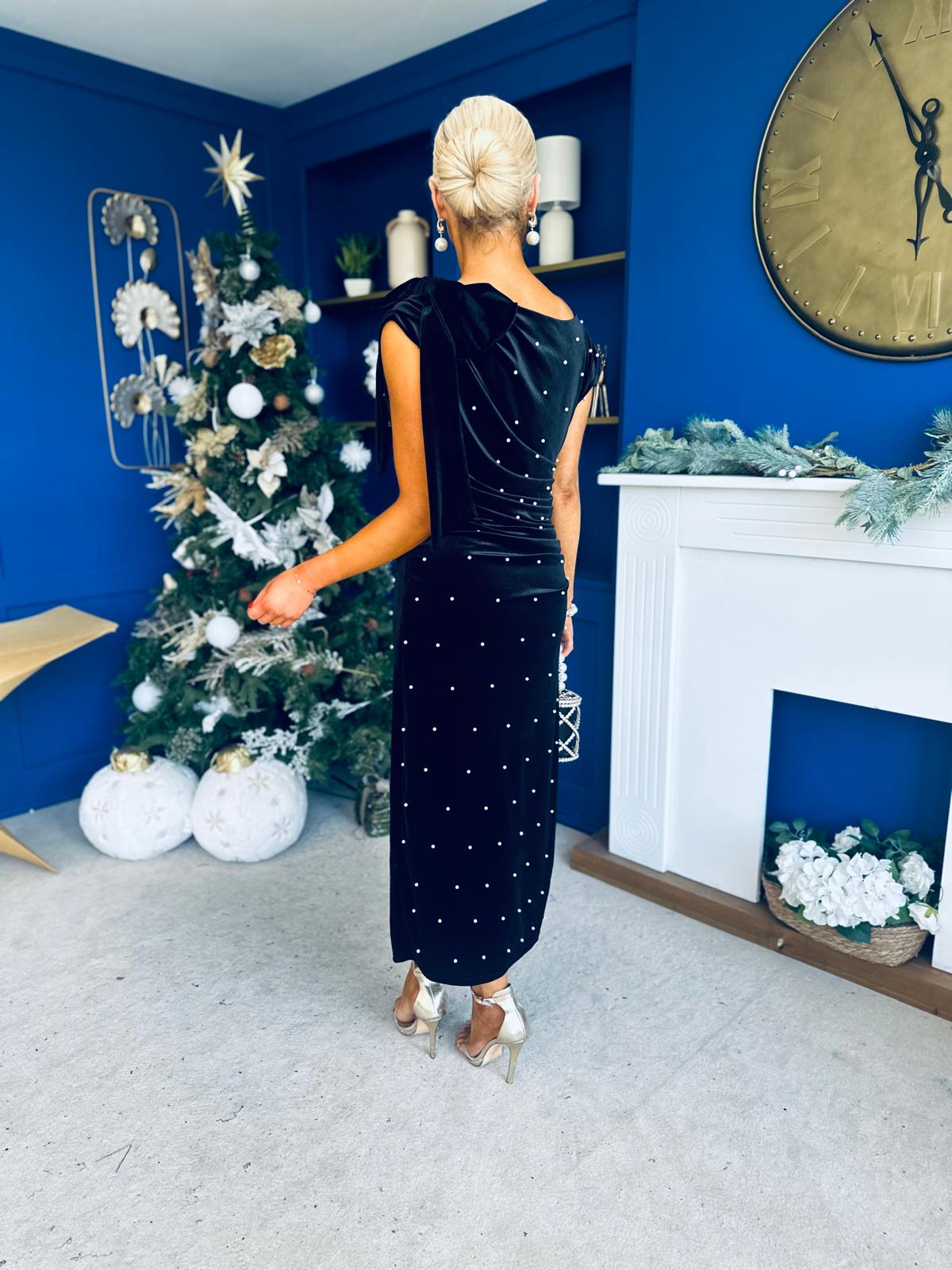 Nicole Bow Detail Pearl Embellished Dress Black