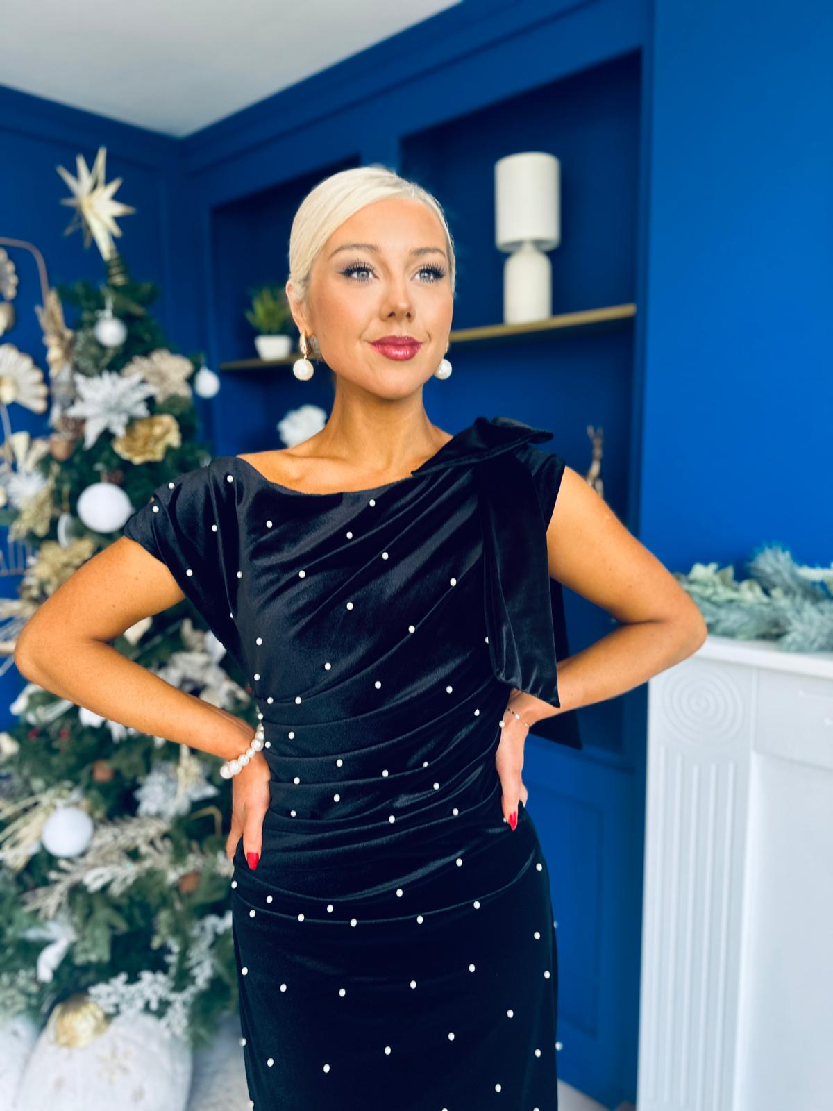 Nicole Bow Detail Pearl Embellished Dress Black