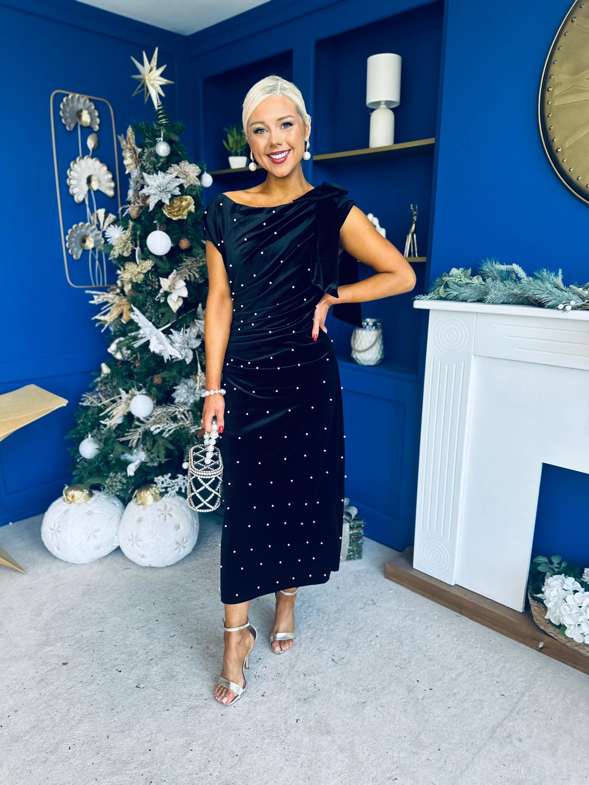 Nicole Bow Detail Pearl Embellished Dress Black