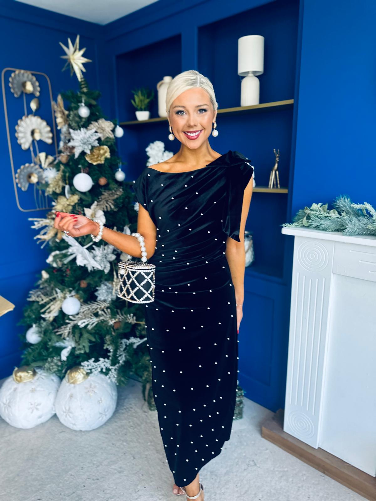 Nicole Bow Detail Pearl Embellished Dress Black