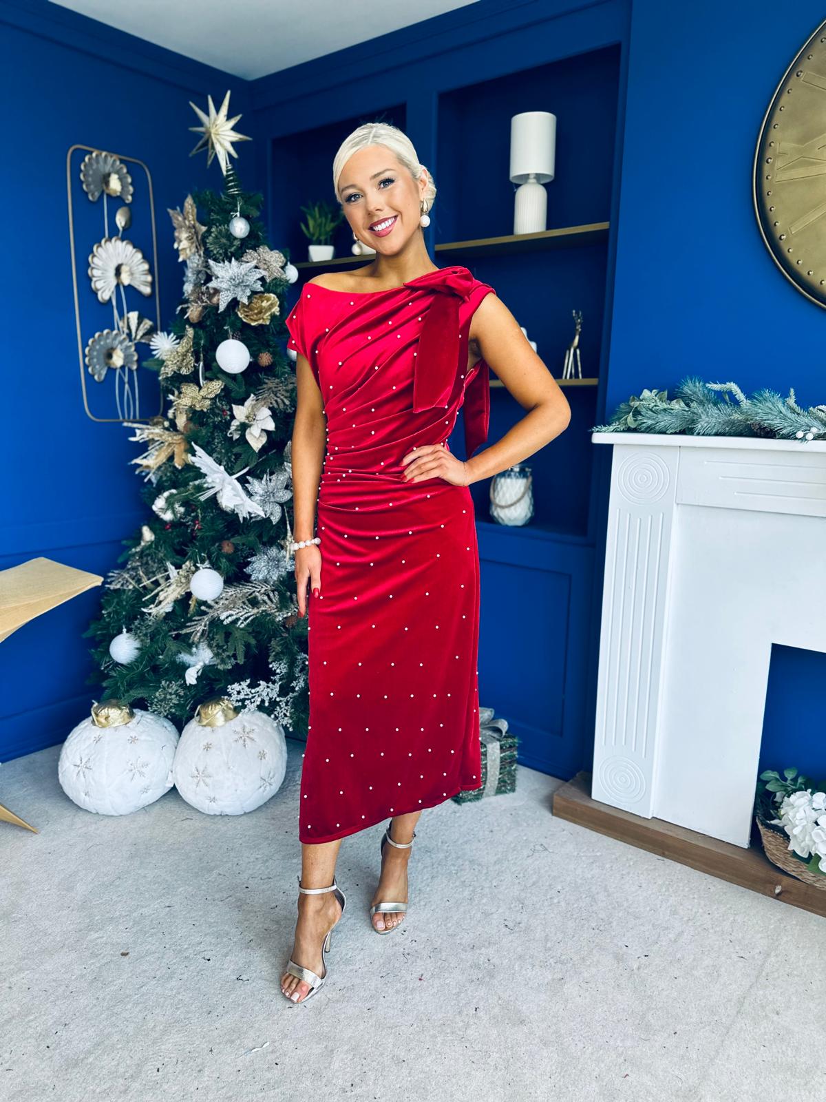 Nicole Bow Detail Pearl Embellished Dress Red