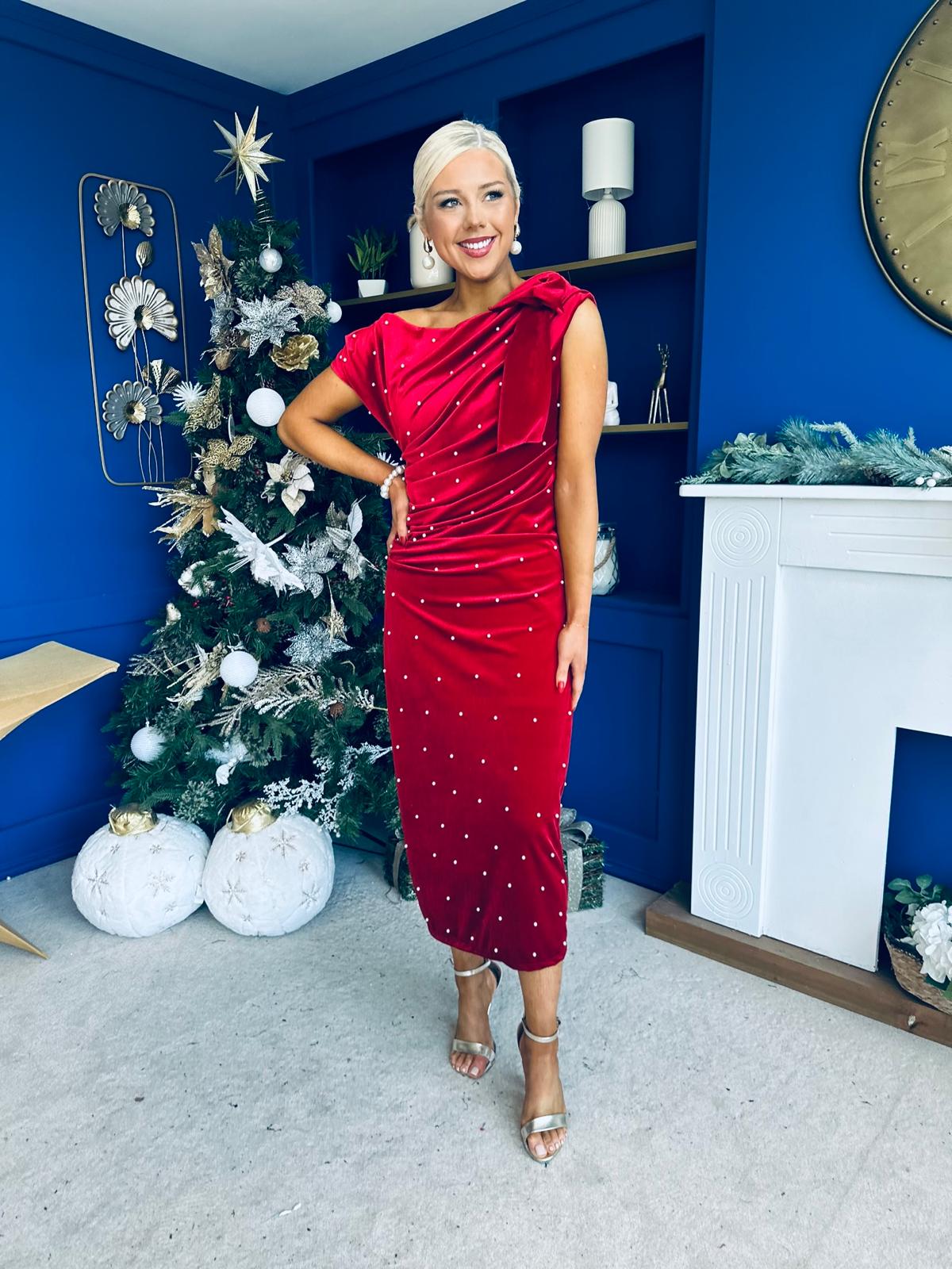 Nicole Bow Detail Pearl Embellished Dress Red