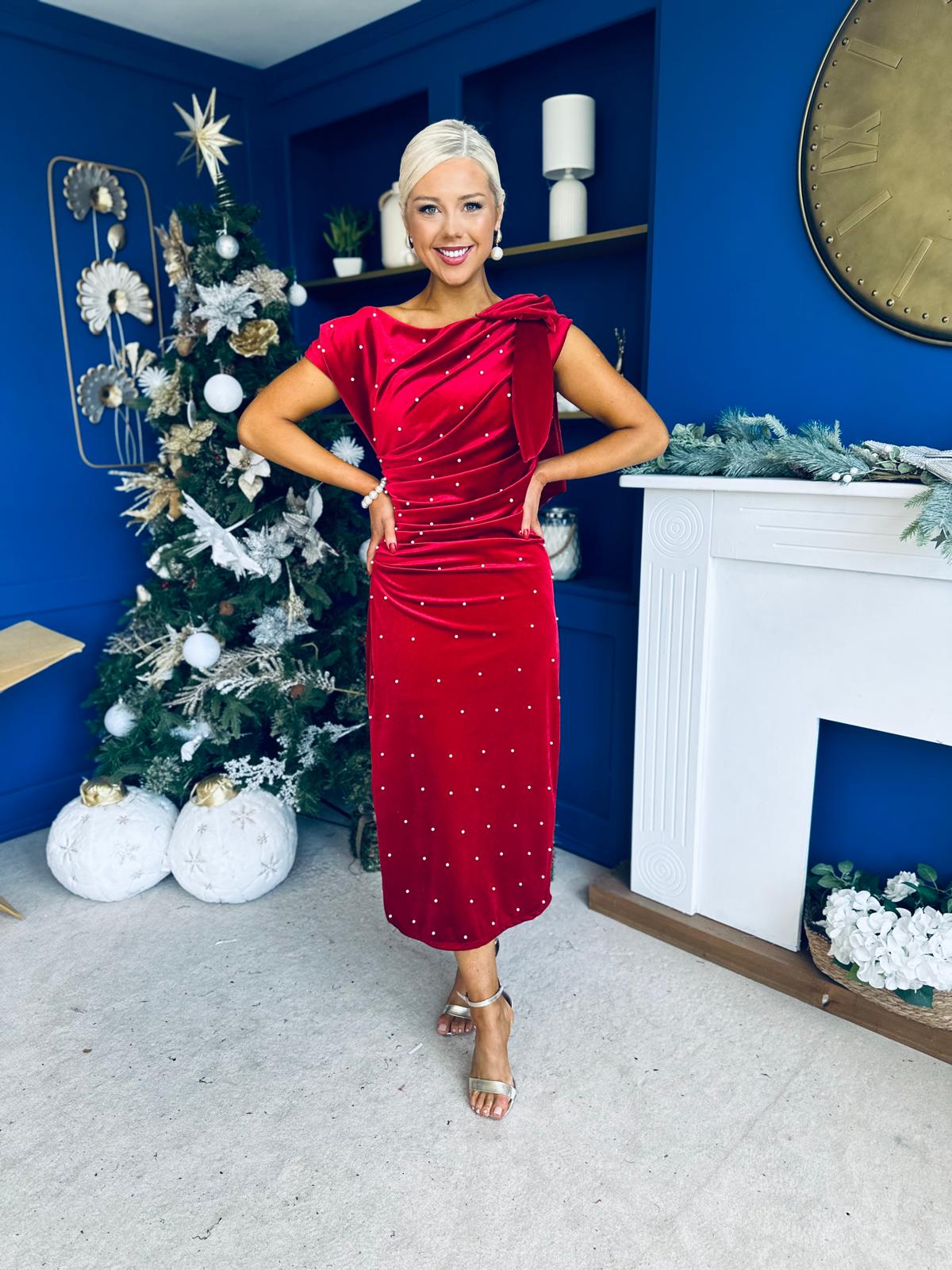 Nicole Bow Detail Pearl Embellished Dress Red