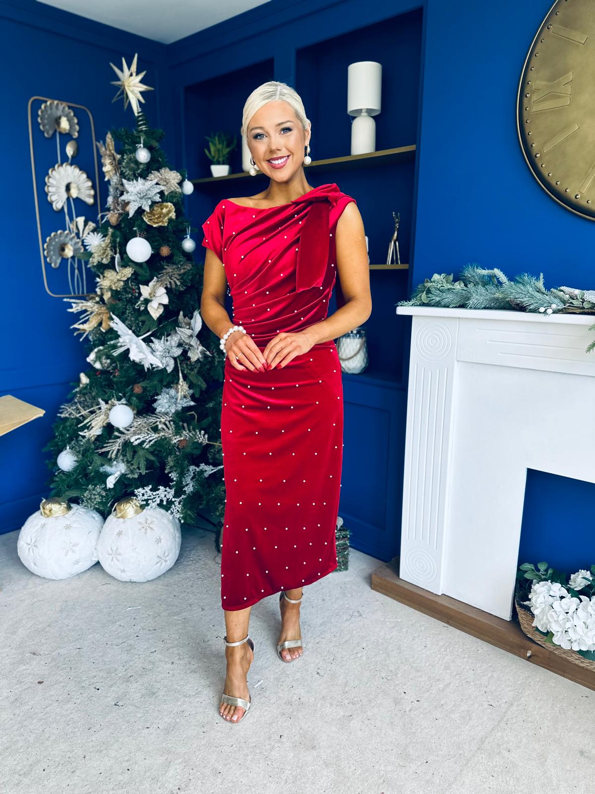 Nicole Bow Detail Pearl Embellished Dress Red